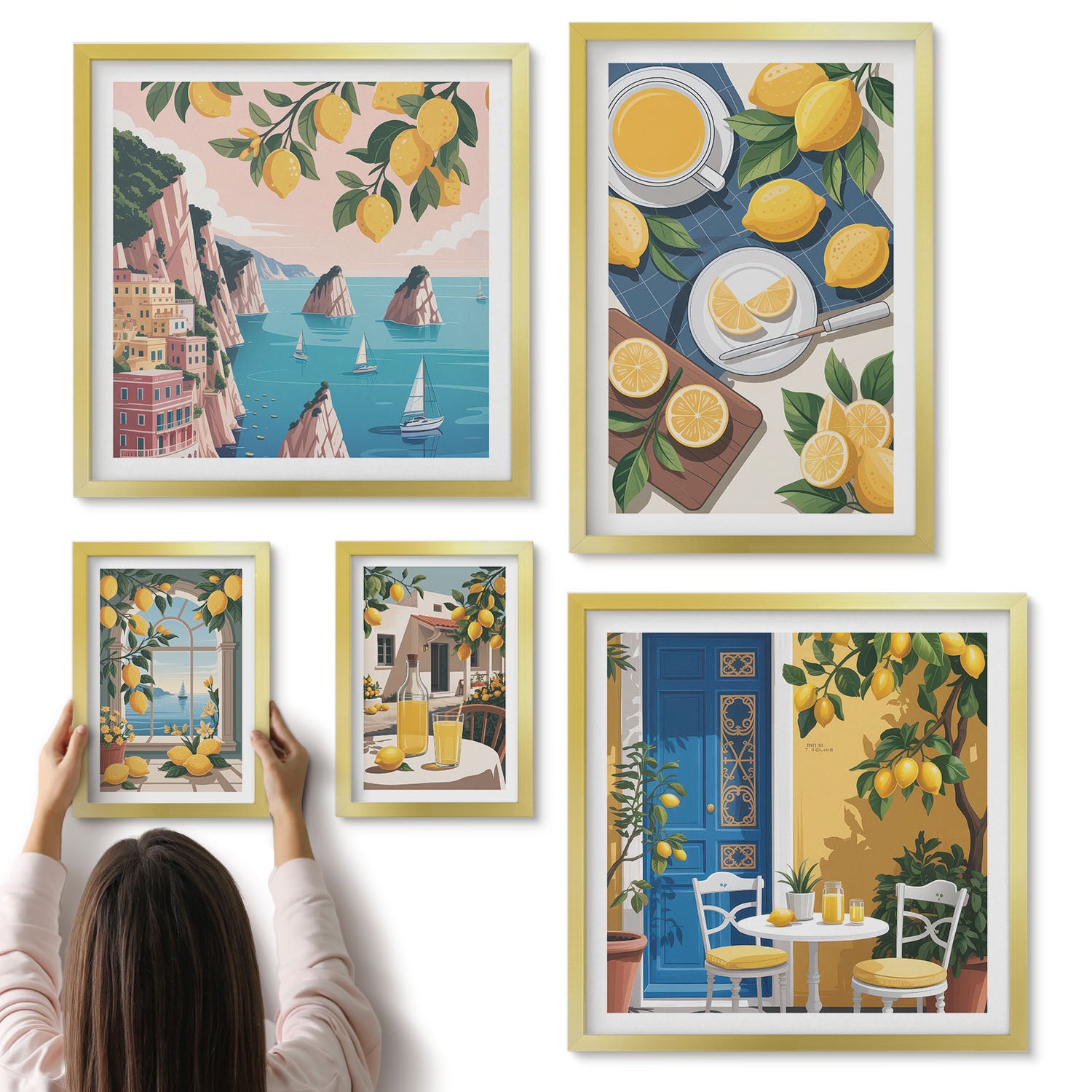 Galeria ścienna 5-częściowy komplet obrazów w złotych ramach - Motyw cytryn świeżość i letnia atmosfera w stylu boho - ArtPrintCave
