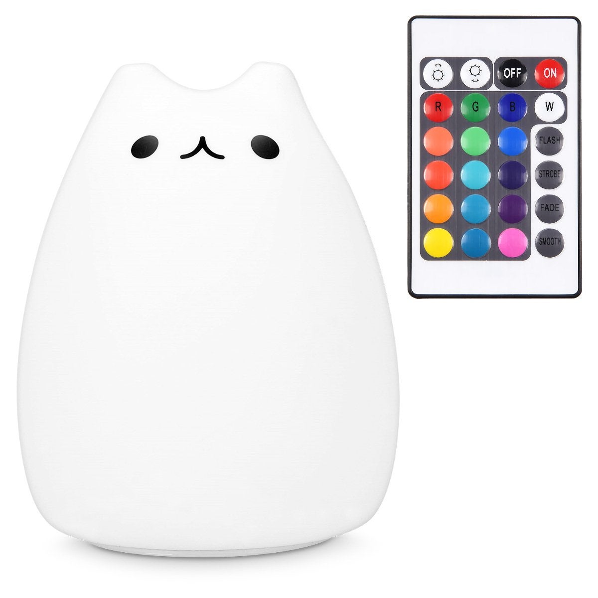Kocia lampka nocna LED – sterowana pilotem przez kabel micro USB – urocza, zmieniająca kolory lampka nocna dla dzieci RGB – kociak Snooze Light Biała