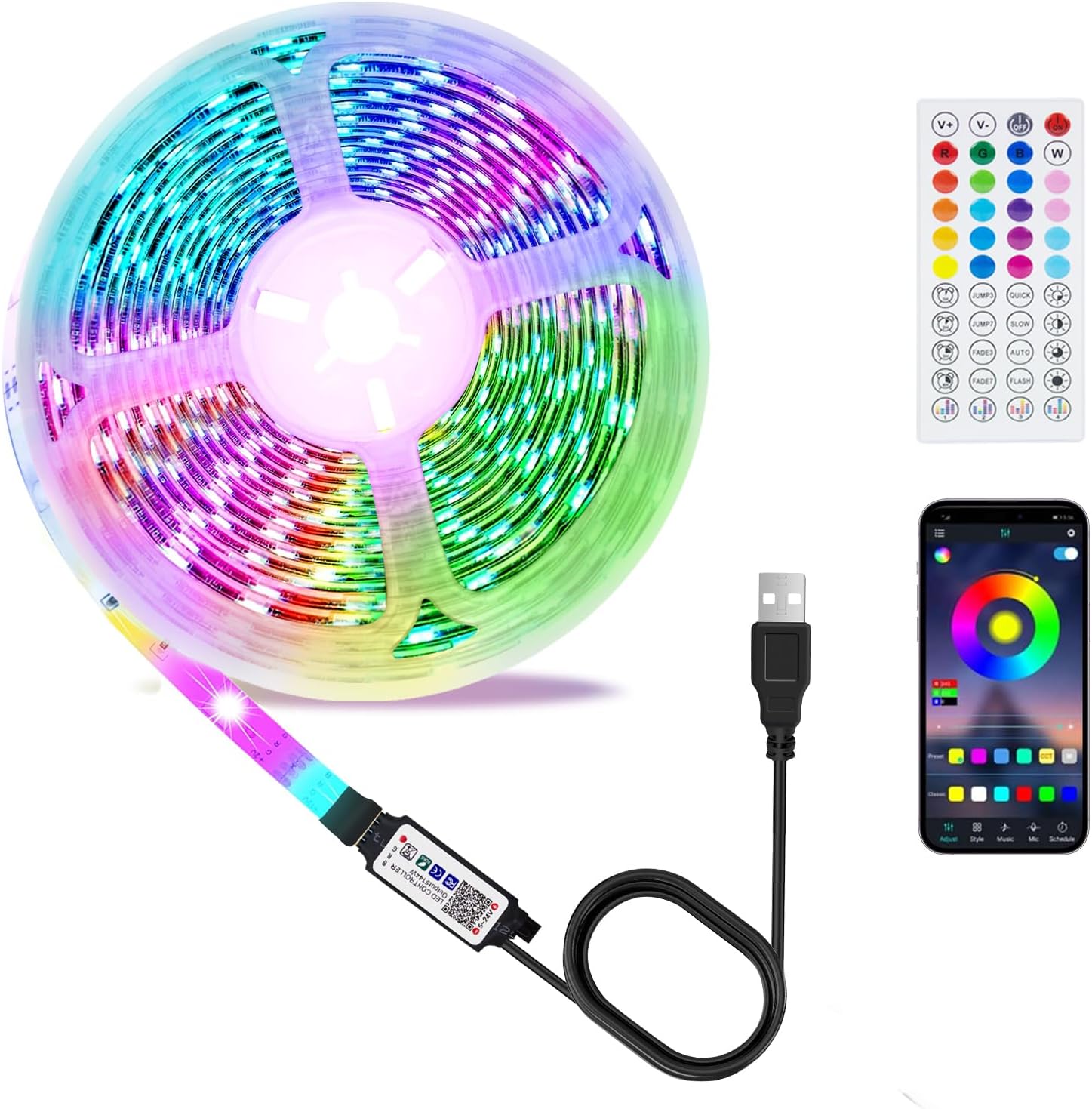 Taśma LED USB TV 3M, podświetlenie telewizora do telewizorów 32-60 cali z pilotem i aplikacją Bluetooth, synchronizacją muzyki/timerem, wielokolorow