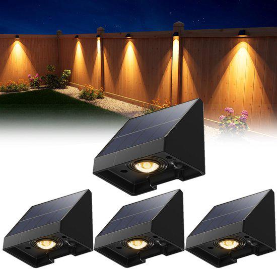 Zestaw 4 dekoracyjnych lamp solarnych do ogrodzenia - Zewnętrzne lampy LED odporne na wodę z ciepłym białym światłem - Do ściany, tarasu, ogrodu