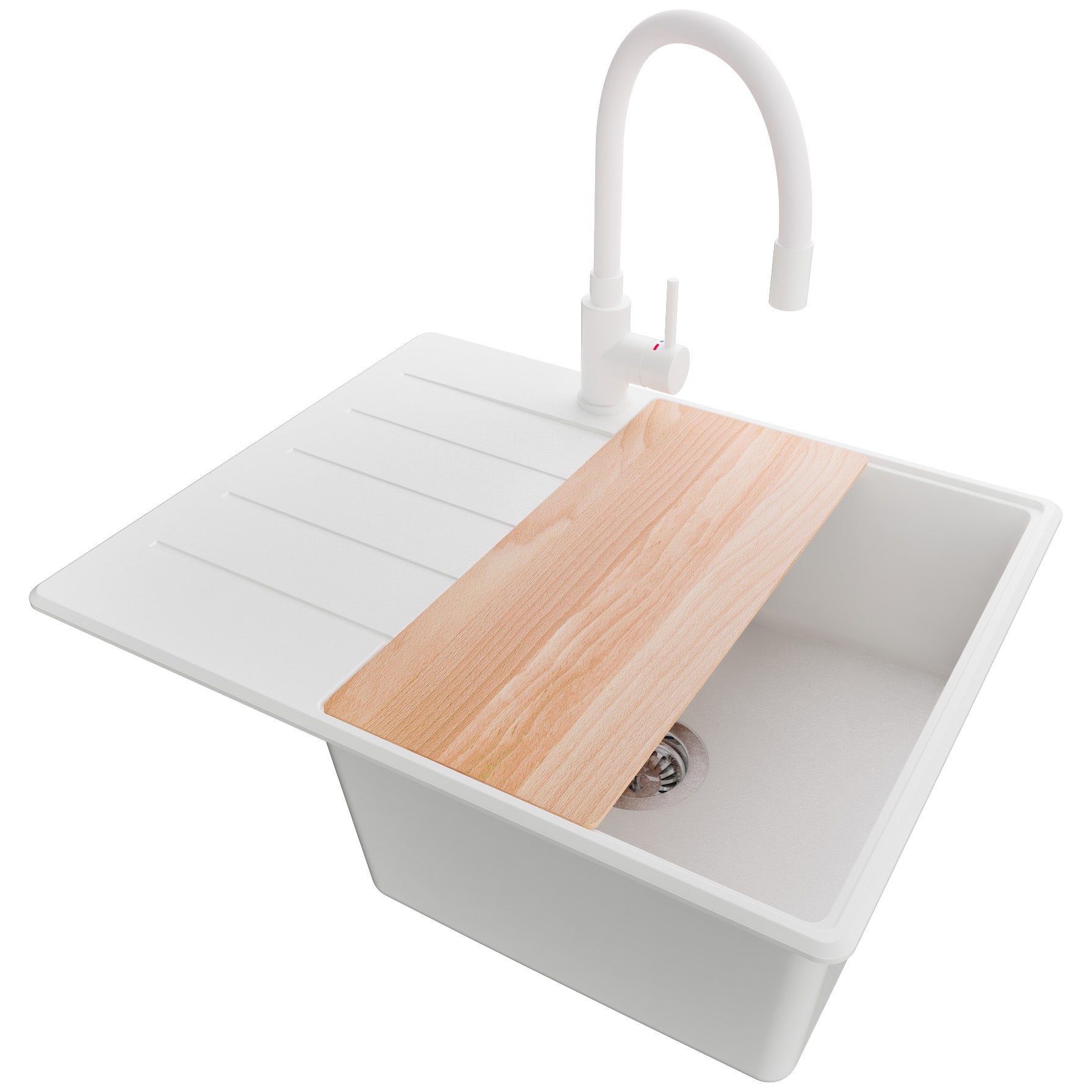 Zlewozmywak Granitowy Biały 62x50cm, Zlew Kuchenny 1 Komorowy + Bateria 38x14cm + Syfon + Deska, Nablatowy do szafki od 45cm - Kopenhaga PRIMAGRAN