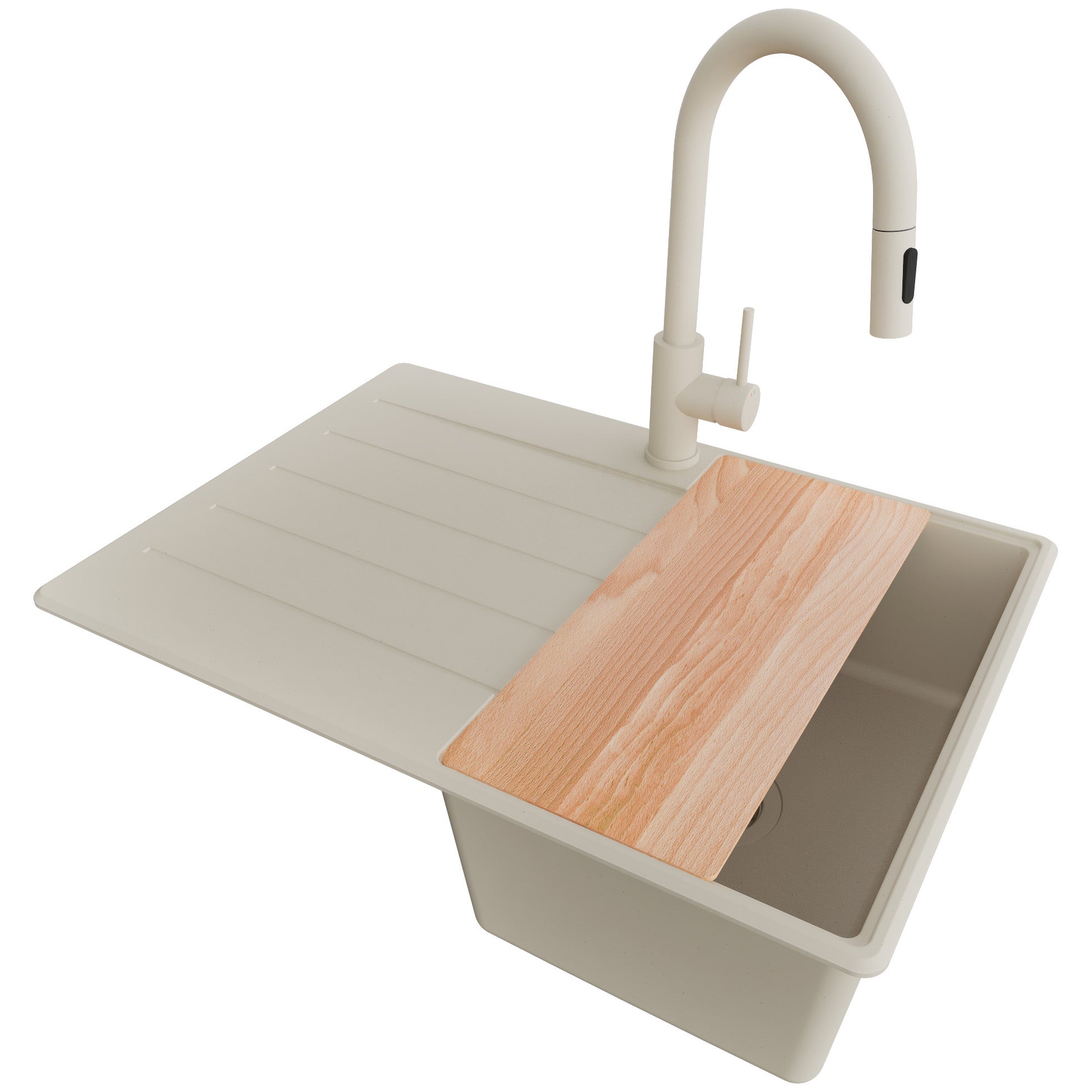 Zlewozmywak Granitowy Beżowy 70x50cm, Zlew Kuchenny 1 Komorowy + Bateria 40x20cm + Syfon + Deska, Nablatowy do szafki od 40cm - Kopenhaga PRIMAGRAN
