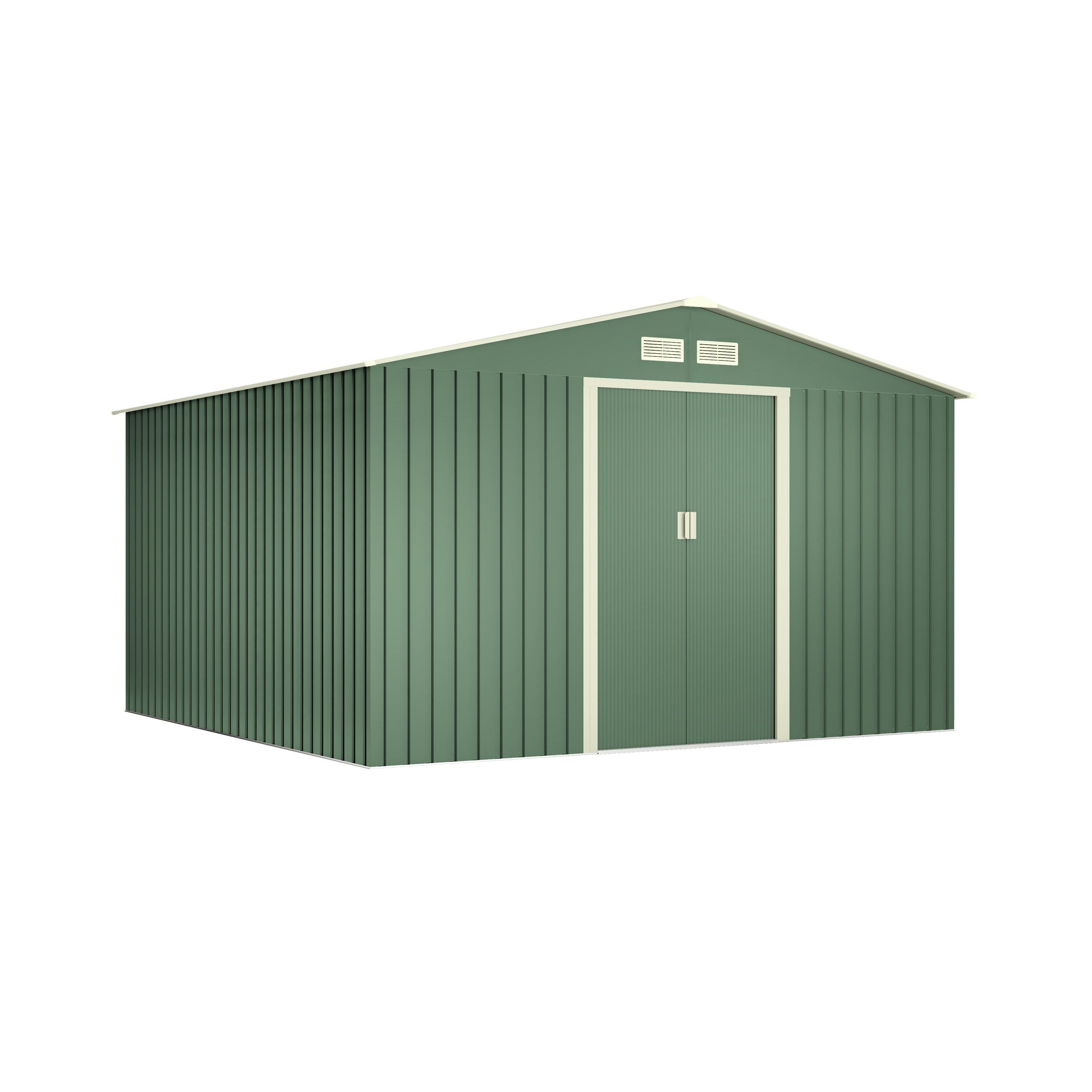 Domek narzędziowy metalowy Light Green 10,2 m², podwójne drzwi przesuwne, otwory wentylacyjne, do przechowywania narzędzi w ogrodzie