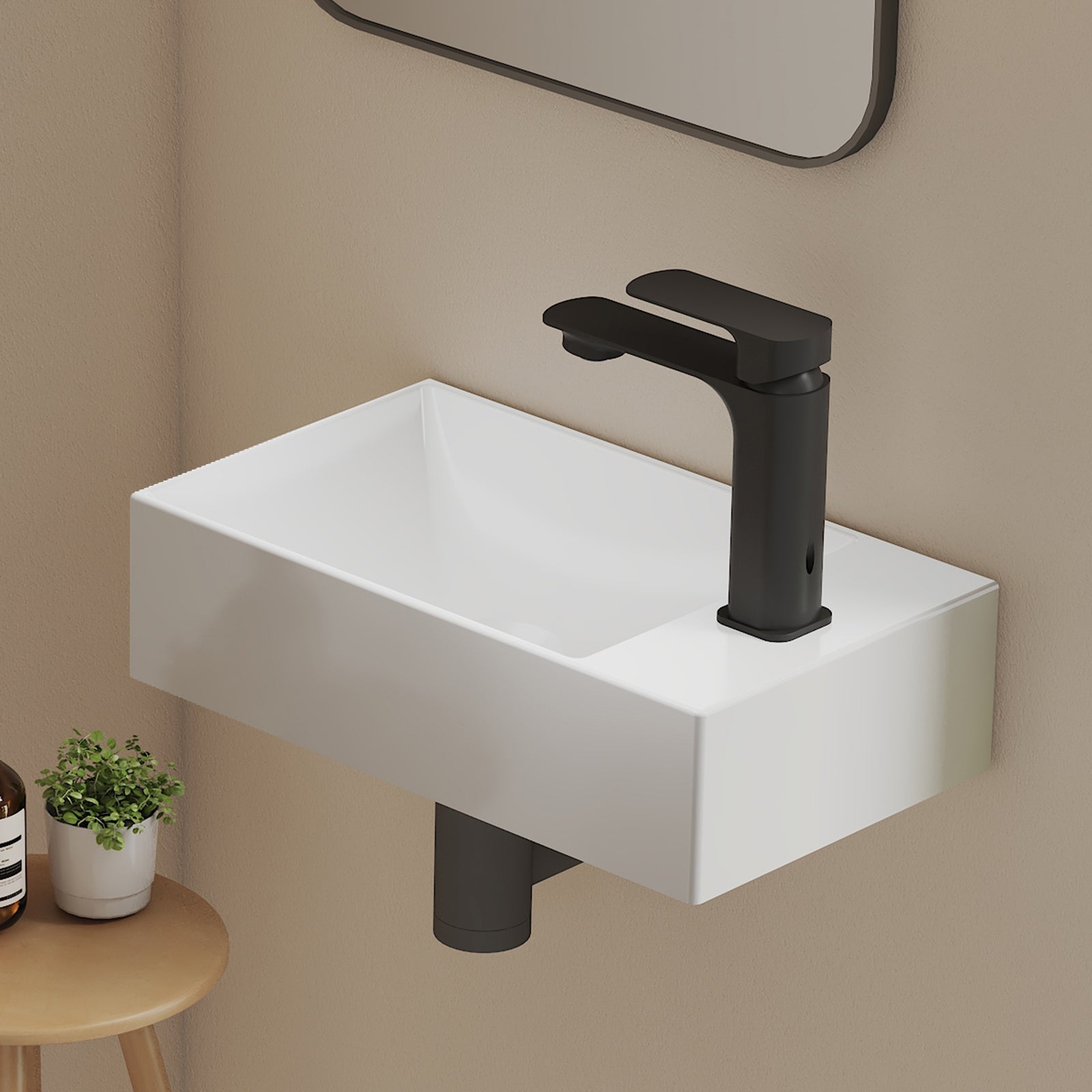 EMKE Umywalka ceramiczna 38x22x10 cm, Umywalka ścienna Compacto, otworem na baterię po prawej stronie, brylantowa biel