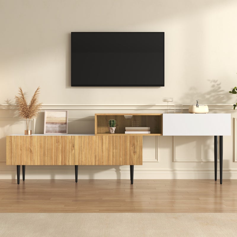 Szafa pod TV 220x30x63,4 cm - dwuczęściowy design - wykończenie drewnopodobne - biały + naturalny