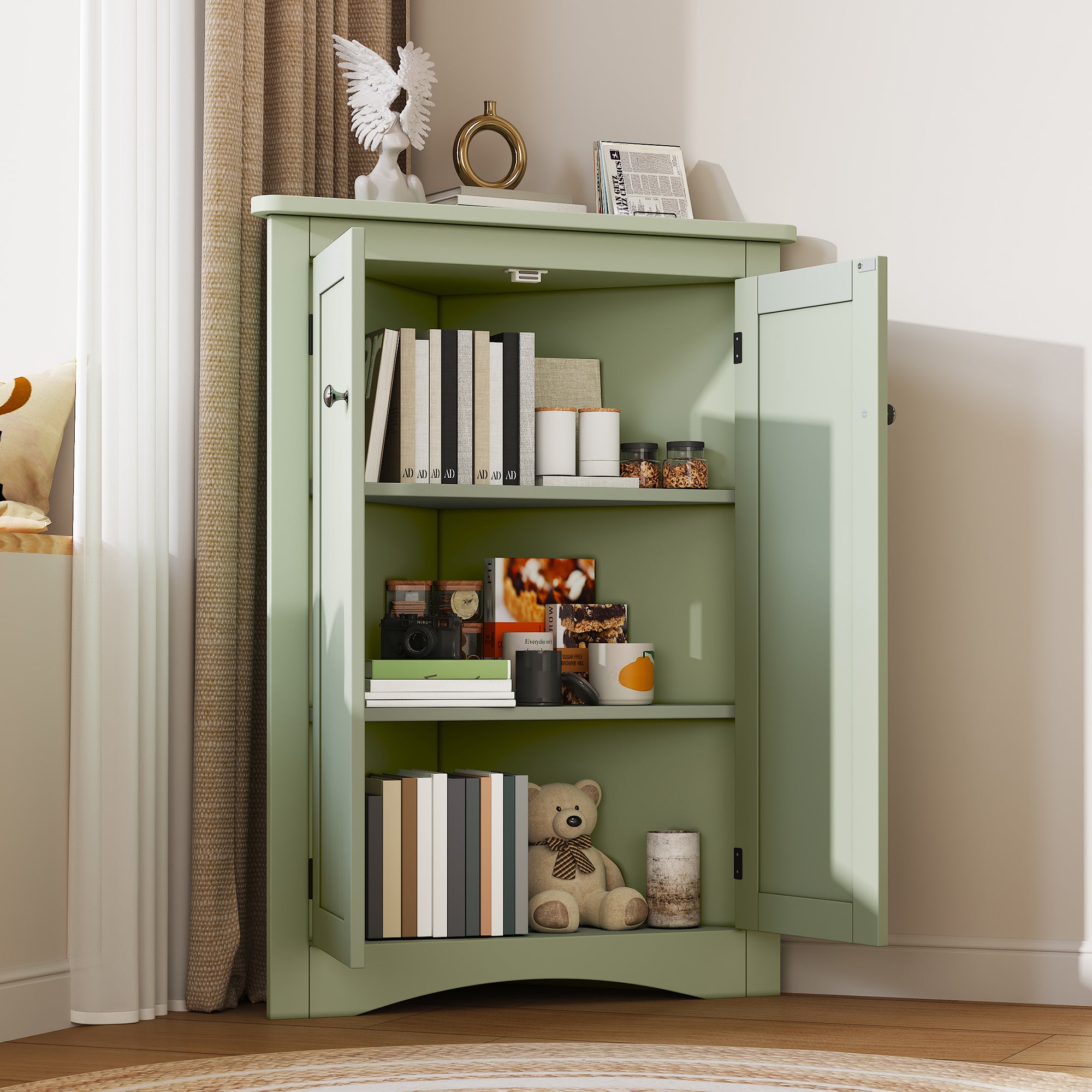 Narożna szafka łazienkowa z 2 drzwiami i 3 półkami - 61,5 x 34,5 x 90 cm - MDF - Styl rustykalny - Zielony