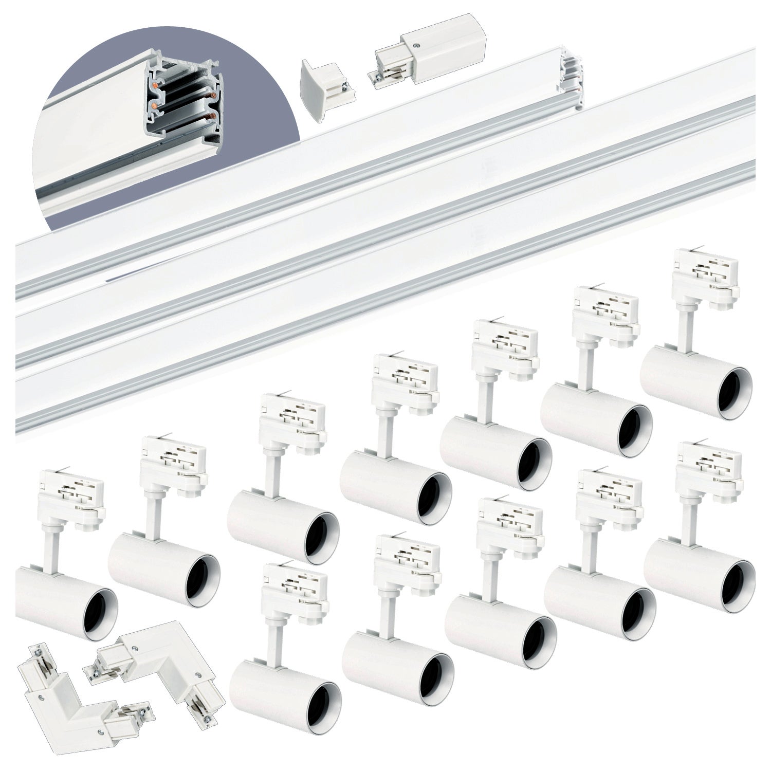 Zestaw szynowy 3-fazowy Kobi 1m+2m+2m, 12x Lampa, 2x łącznik L biały 1kpl.