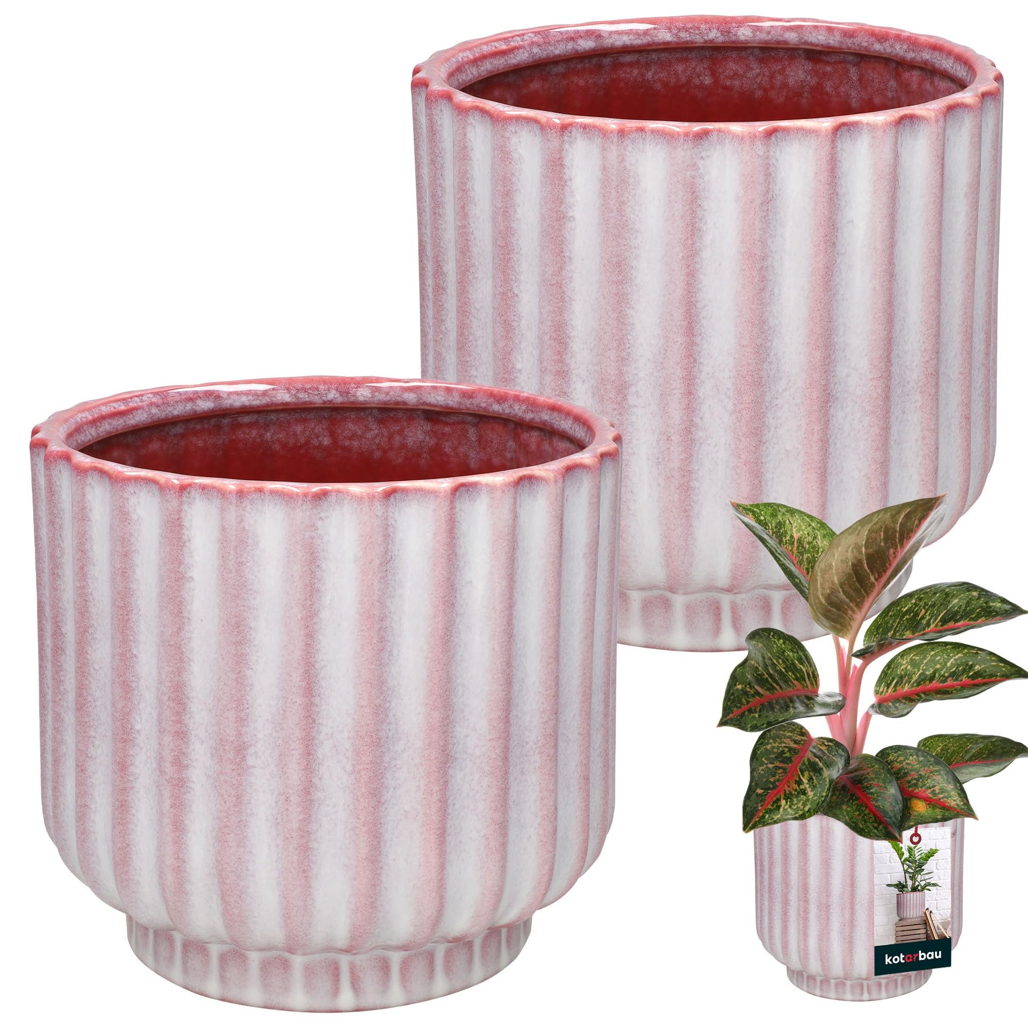 Doniczka ceramiczna ryflowana okrągła na kwiaty fi 13 cm zestaw 2 szt. - Kolor różowy - KOTARBAU