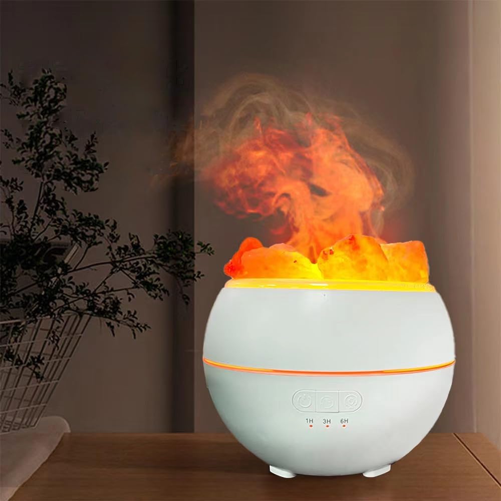 Nawilżacz powietrza z oświetleniem LED i kamieniem solnym, lampą z podwójnym płomieniem i urządzeniem do aromaterapii z gradientem kolorów USB, będący