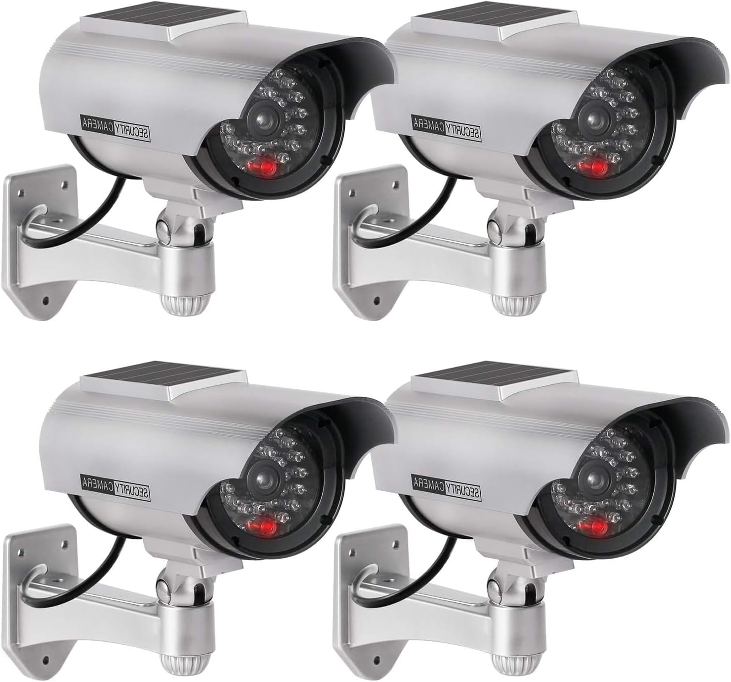 (Srebrny) 4 szt. atrapy kamer do użytku wewnątrz i na zewnątrz, zasilanych energią słoneczną, wodoodporne, imitacja kamery monitoringu CCTV z migającą