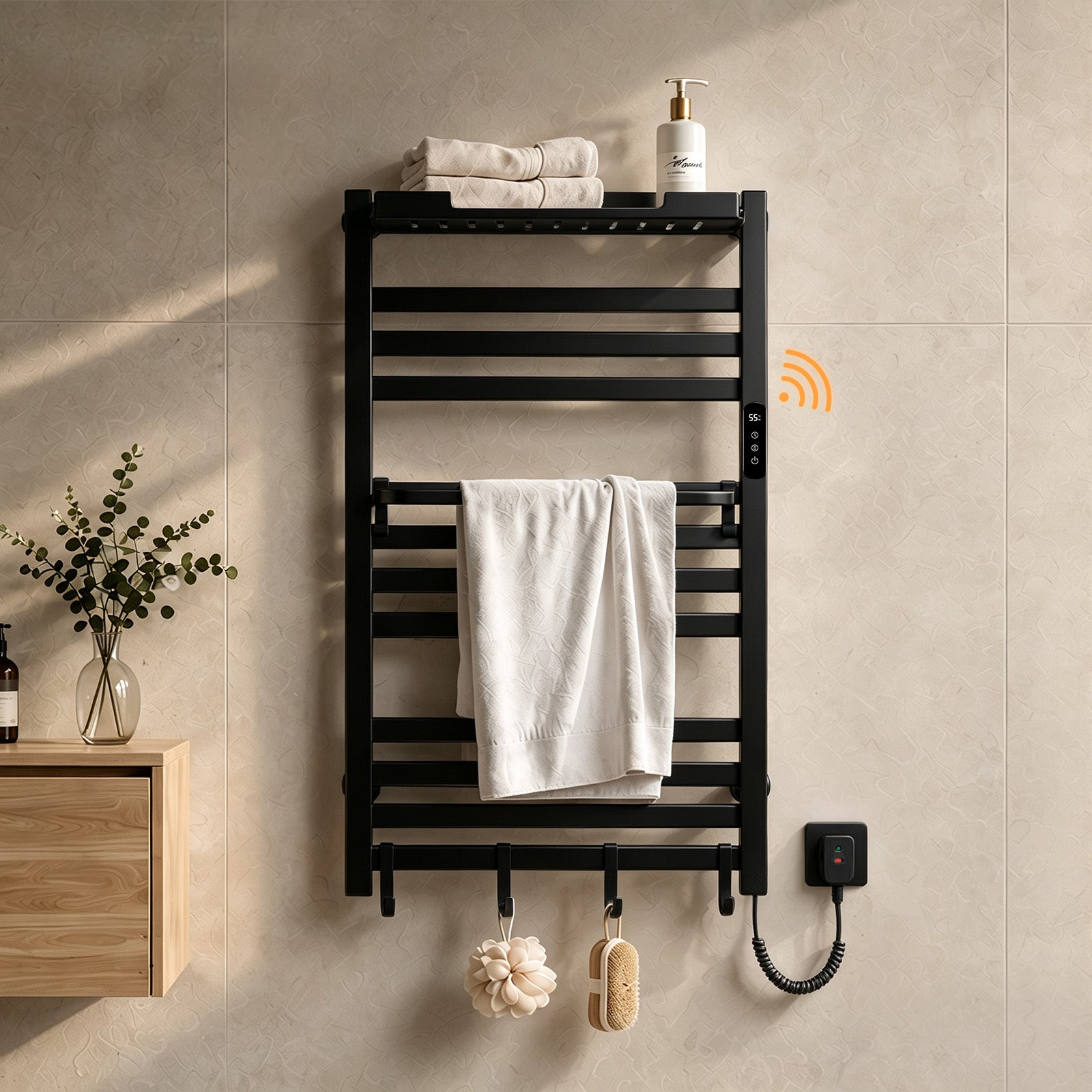 Grzejnik łazienkowy elektryczny WiFi 95 × 60 cm, 375 W, czarny, sucha bezwładność, włókno węglowe, z półką i haczykami - S'AFIELINA