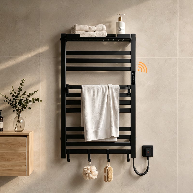 Grzejnik łazienkowy elektryczny WiFi 95 × 60 cm, 375 W, czarny, sucha bezwładność, włókno węglowe, z półką i haczykami - S'AFIELINA
