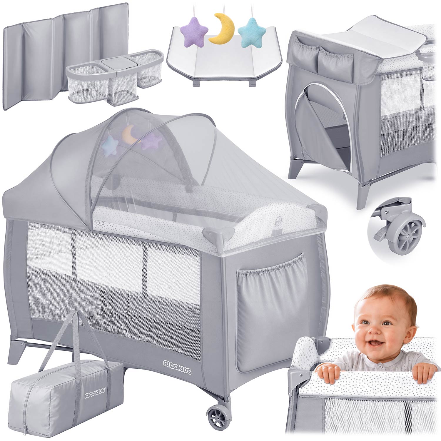 Łóżeczko turystyczne dwupoziomowe Ricokids 724200 składane podróżne kojec +materac +torba