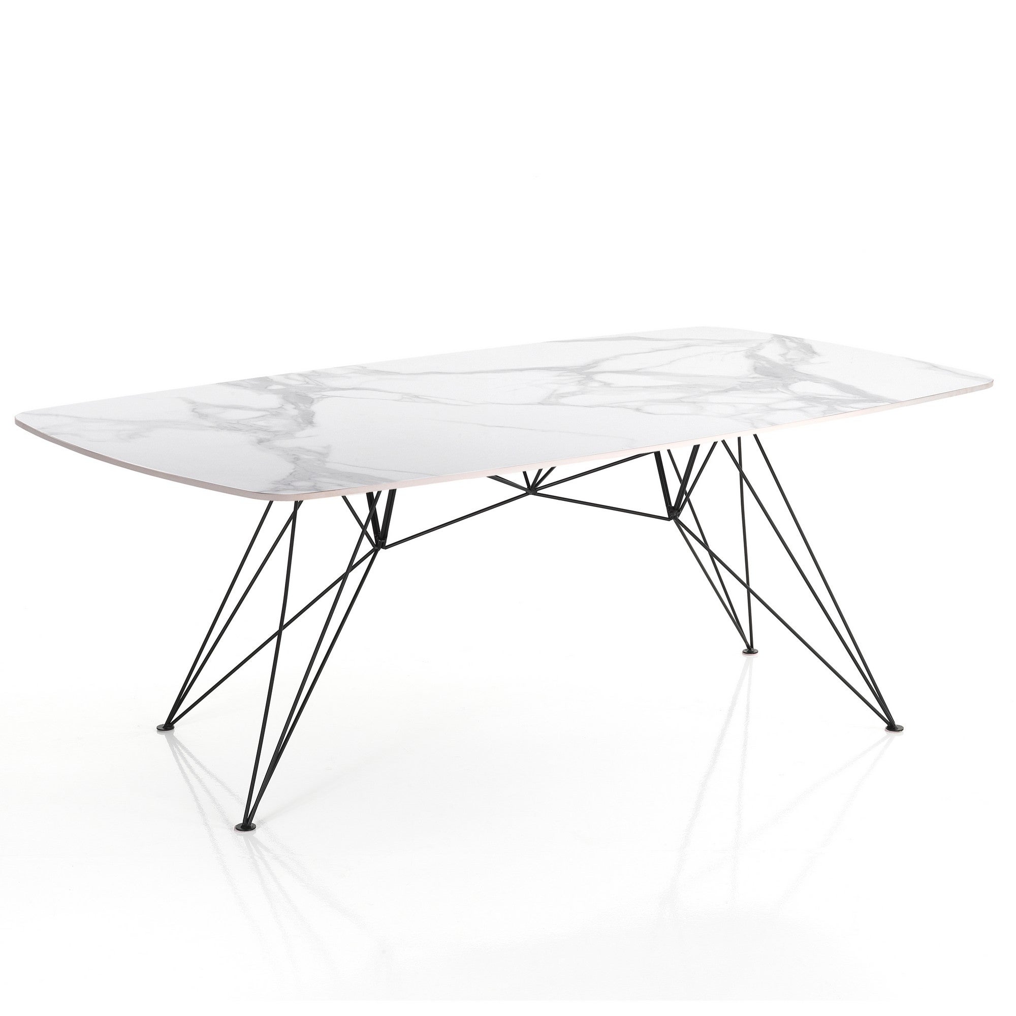 Stół/biurko SPILLO WHITE MARBLE, błyszcząca ceramika Calacatta, dł. 180 cm, czarna rama, 8 miejsc, do użytku domowego/biurowego