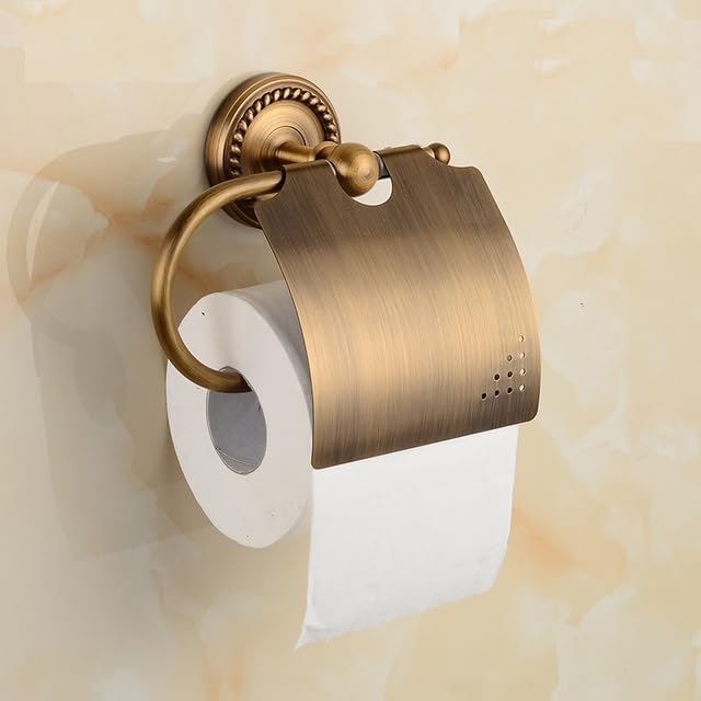 Uchwyt na papier toaletowy w stylu vintage z mosiądzu z pokrywką – Uchwyt na papier toaletowy w stylu vintage, montowany na ścianie (antyczny mosiądz