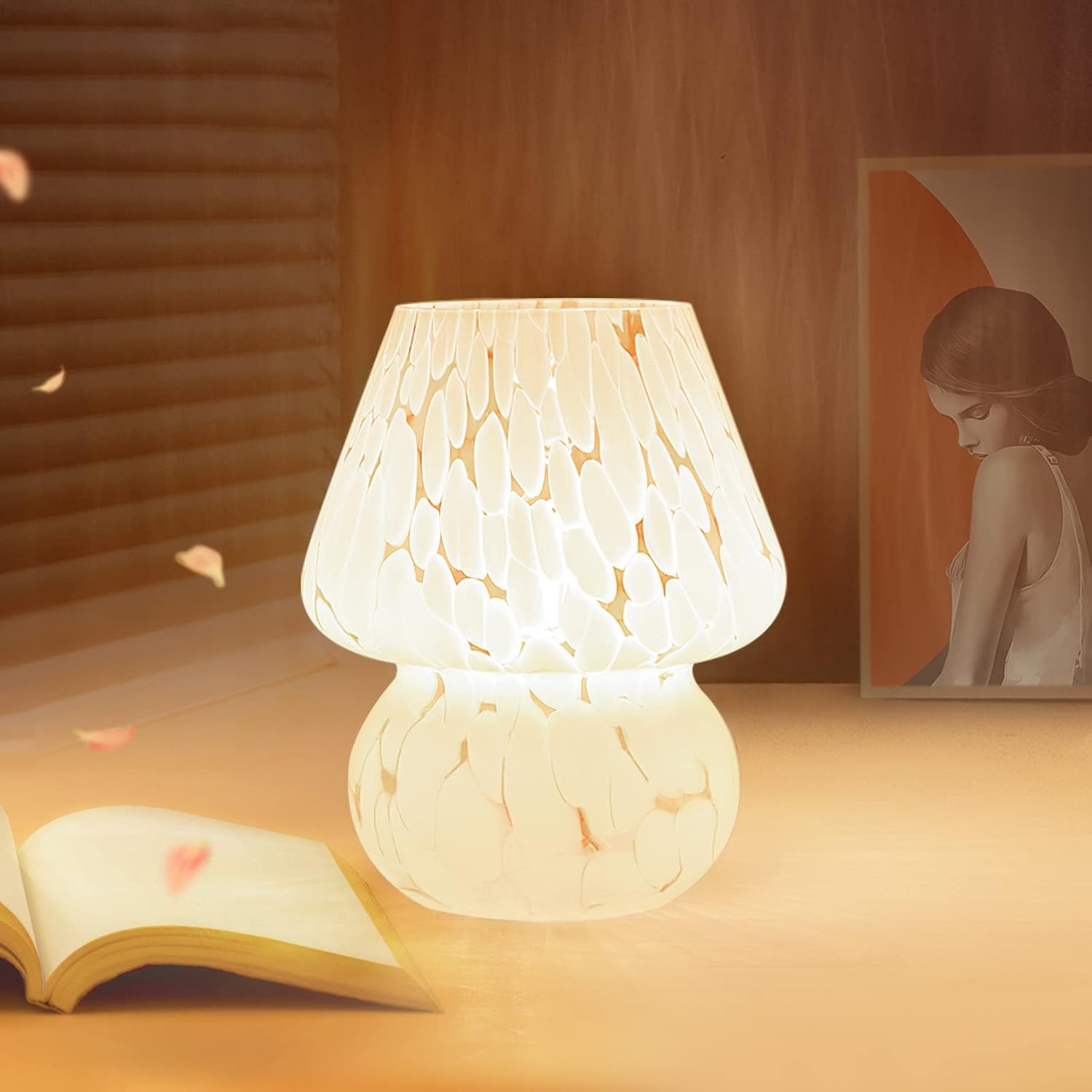 Lampa grzybek, mała lampka nocna, lampa stołowa z półprzezroczystego szkła, lampa w stylu Murano do sypialni i salonu.