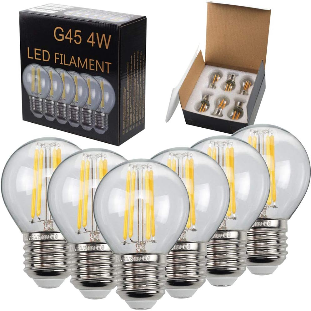 Zestaw 6 żarówek LED G45 2700K Globe Blanc Chaud z żarnikiem LED E27 220 / 240V Edison Żarówka do Żyrandola 4Watt -A