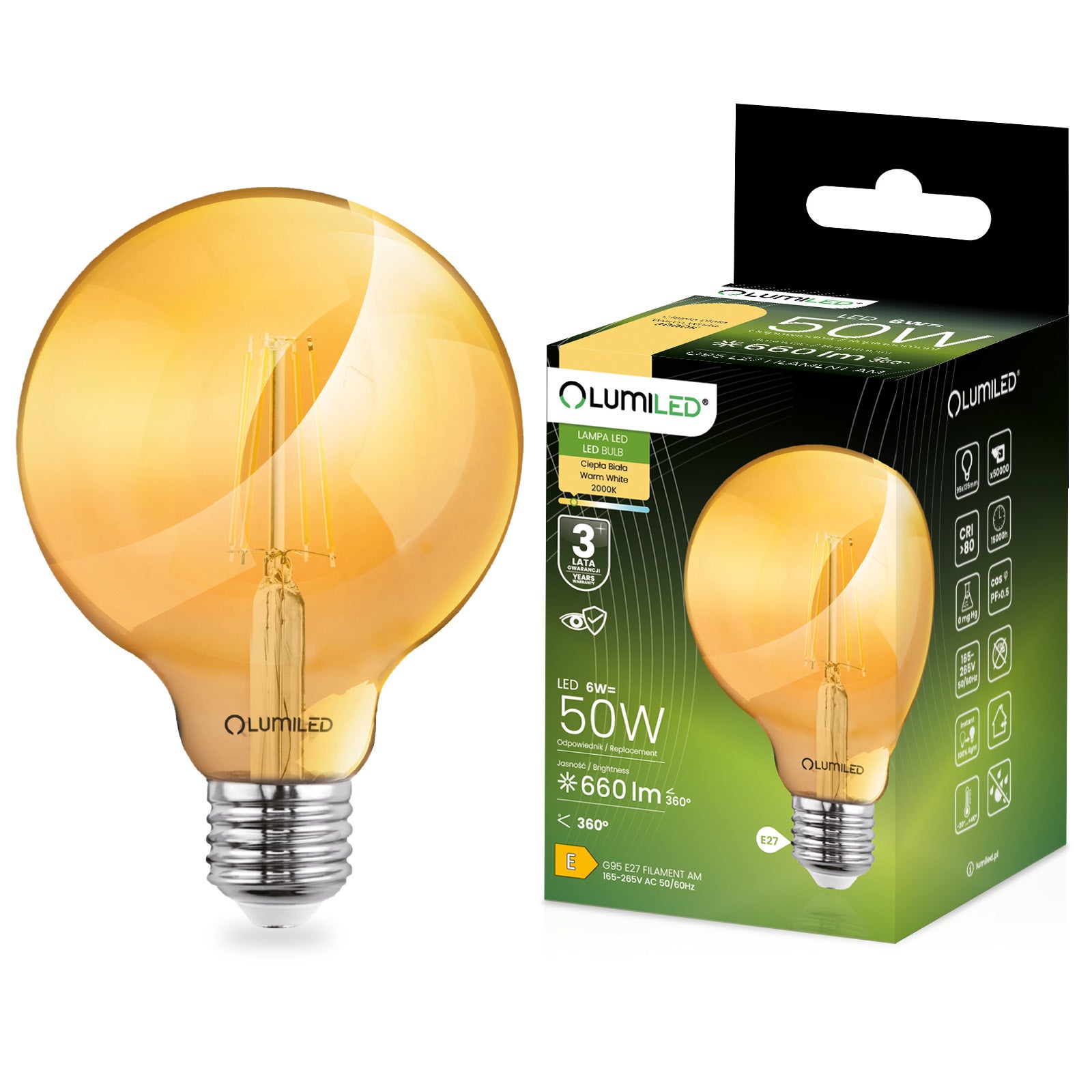 Żarówka LED Lumiled E27 Kula G95 6W 660lm 2000K Ciepła 360st Bursztynowa Filament 1 szt.