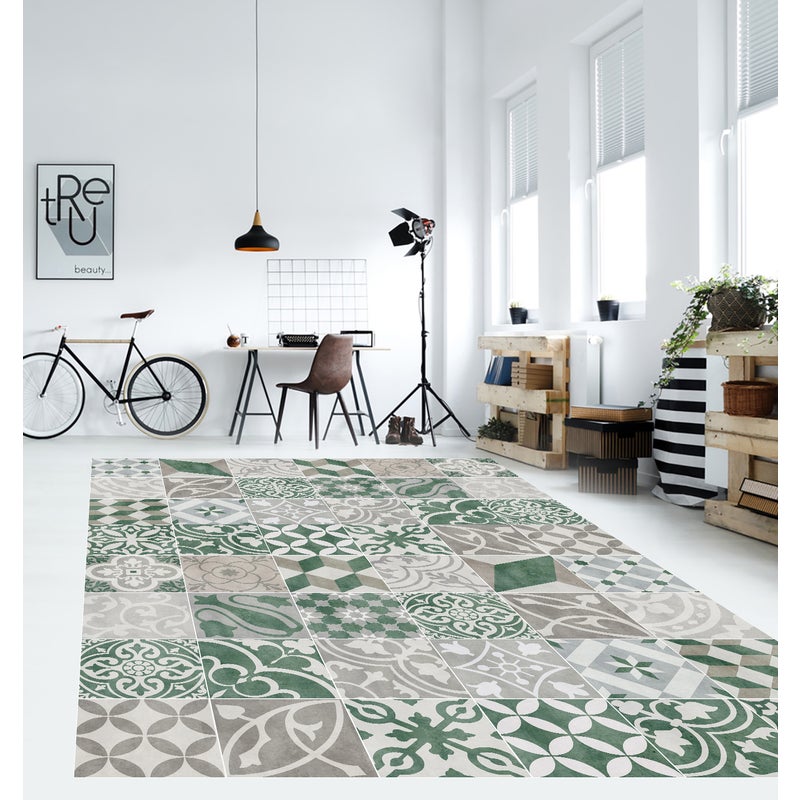 Dywan winylowy antique zielony 200x266 cm - antypoślizgowy PVC, winylowy do kuchni lub salonu, zmywalny, styl hydrauliczny