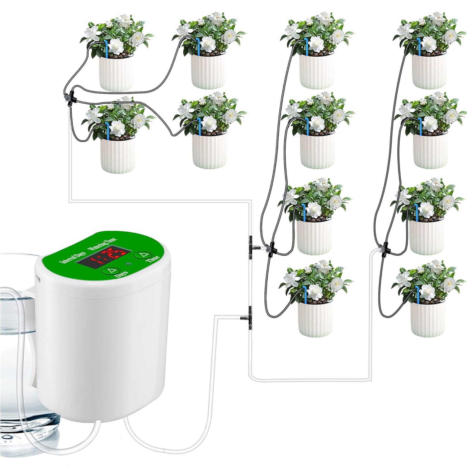Automatyczny zestaw do nawadniania kropelkowego, 12 zestawów automatycznego systemu nawadniania roślin doniczkowych, wyświetlacz LED, ładowanie USB