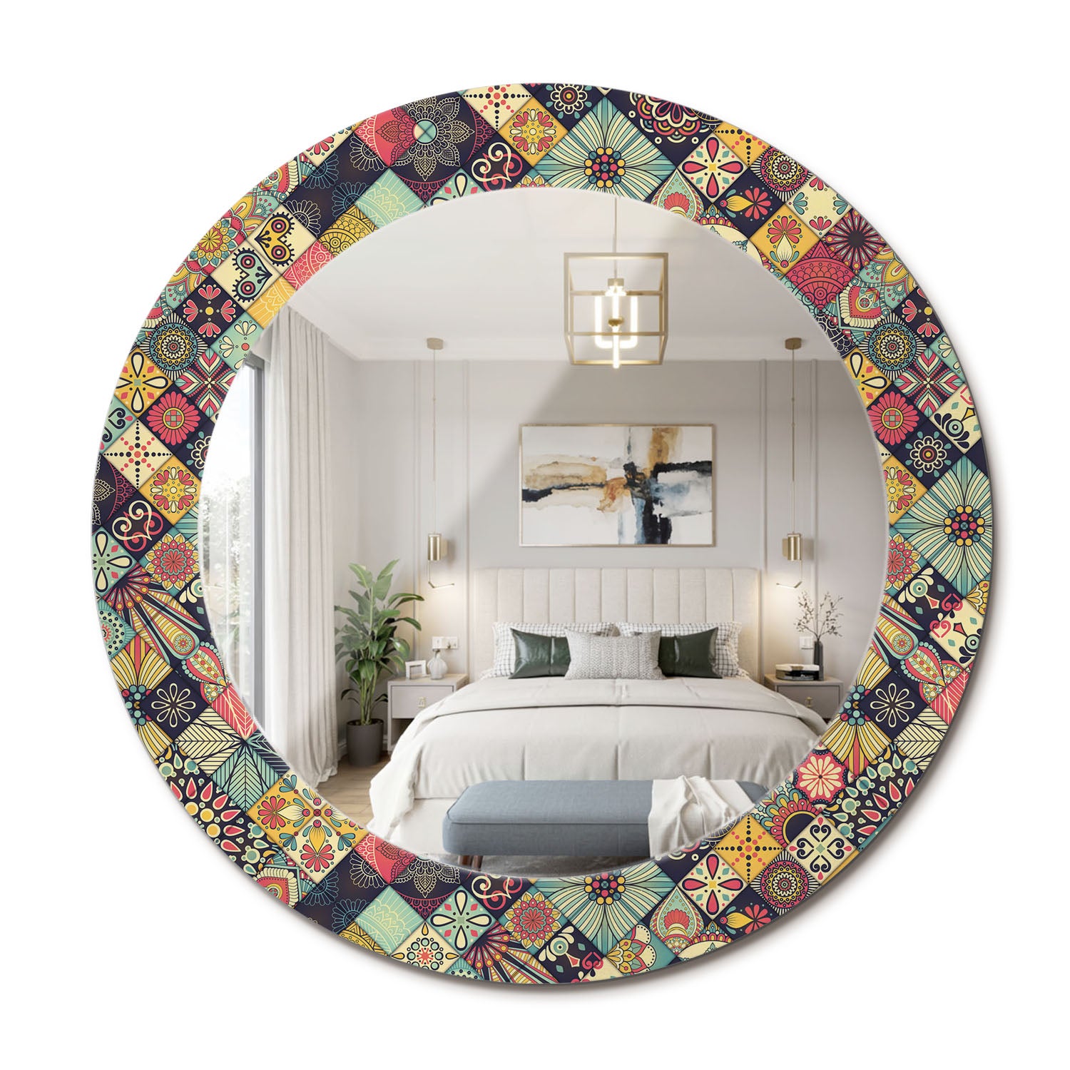 Okrągłe lustro dekoracyjne z hartowaną szklaną ramą i nowoczesnym nadrukiem Patchwork kafelki - 60 cm - ArtPrintCave