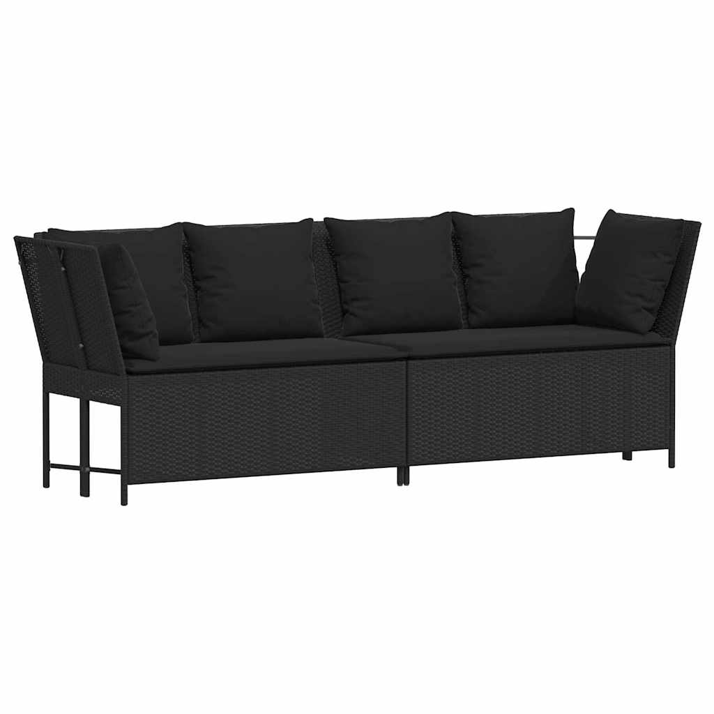 Sofa Ogrodowa Czarna z Polirattanu z Czarnymi Poduszkami na Taras