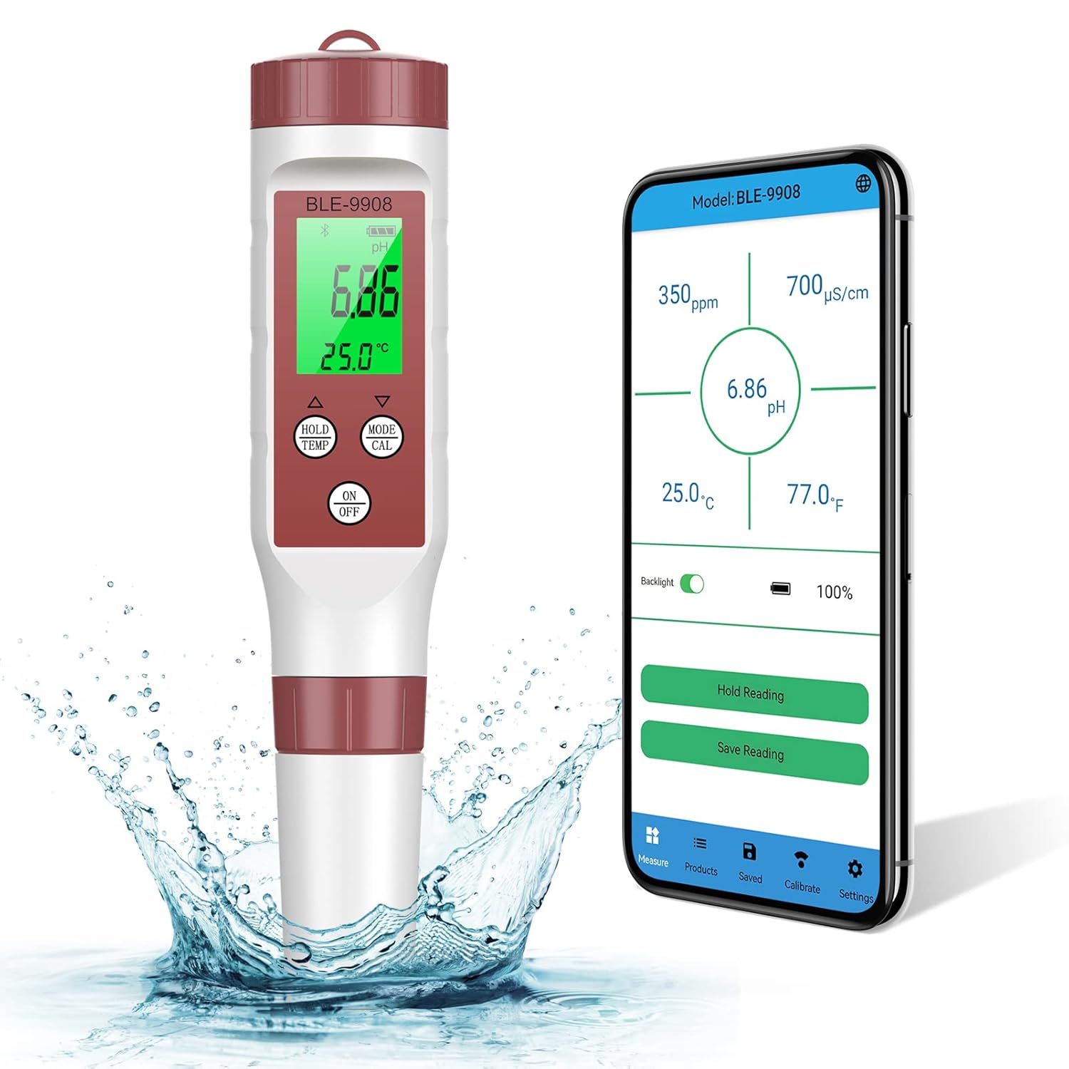 Tester pH 4 w 1 Bluetooth, z TDS, EC, temperaturą i automatyczną kalibracją, idealny do basenów, akwariów, wody pitnej