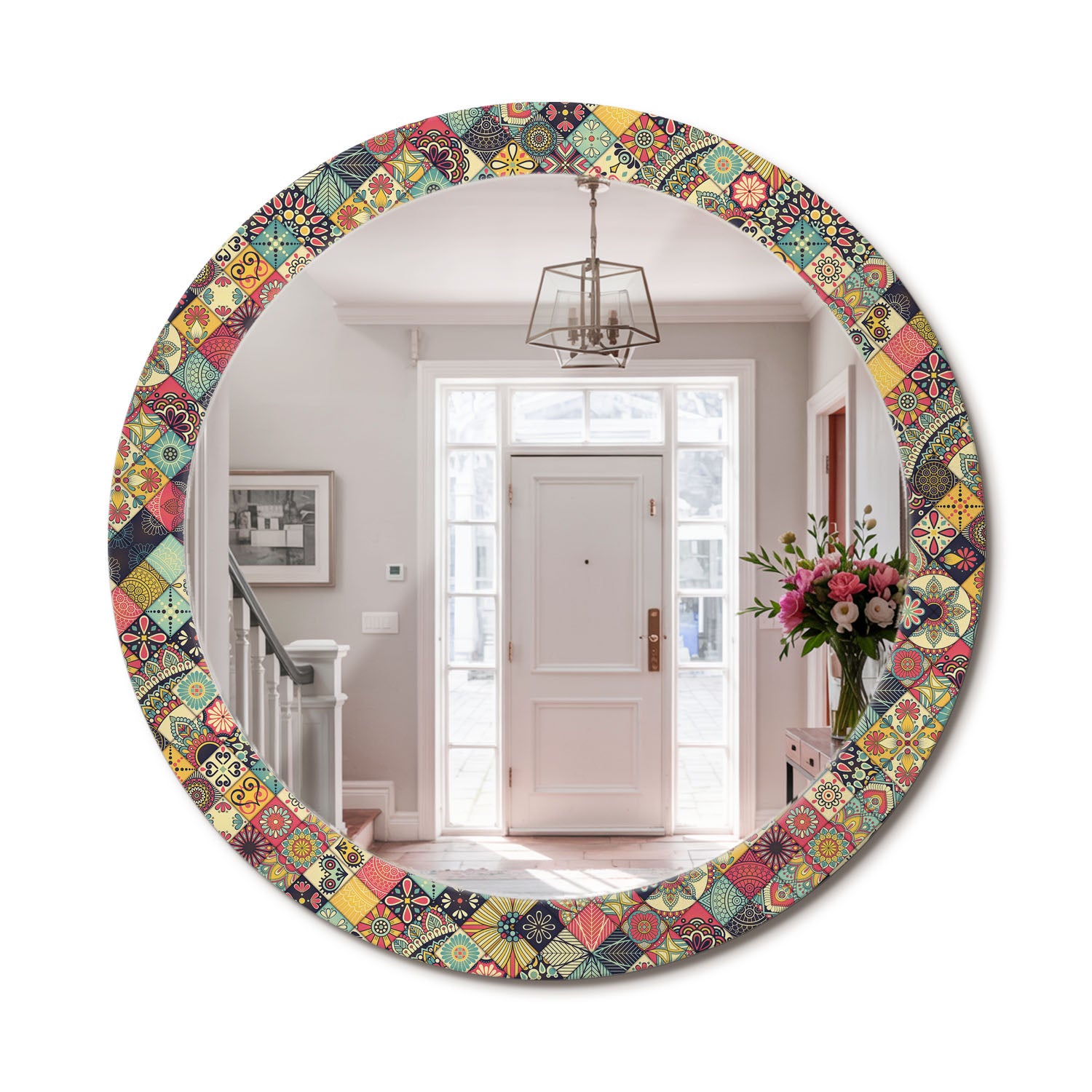 Okrągłe lustro dekoracyjne z hartowaną szklaną ramą i nowoczesnym nadrukiem Patchwork kafelki - 80 cm - ArtPrintCave
