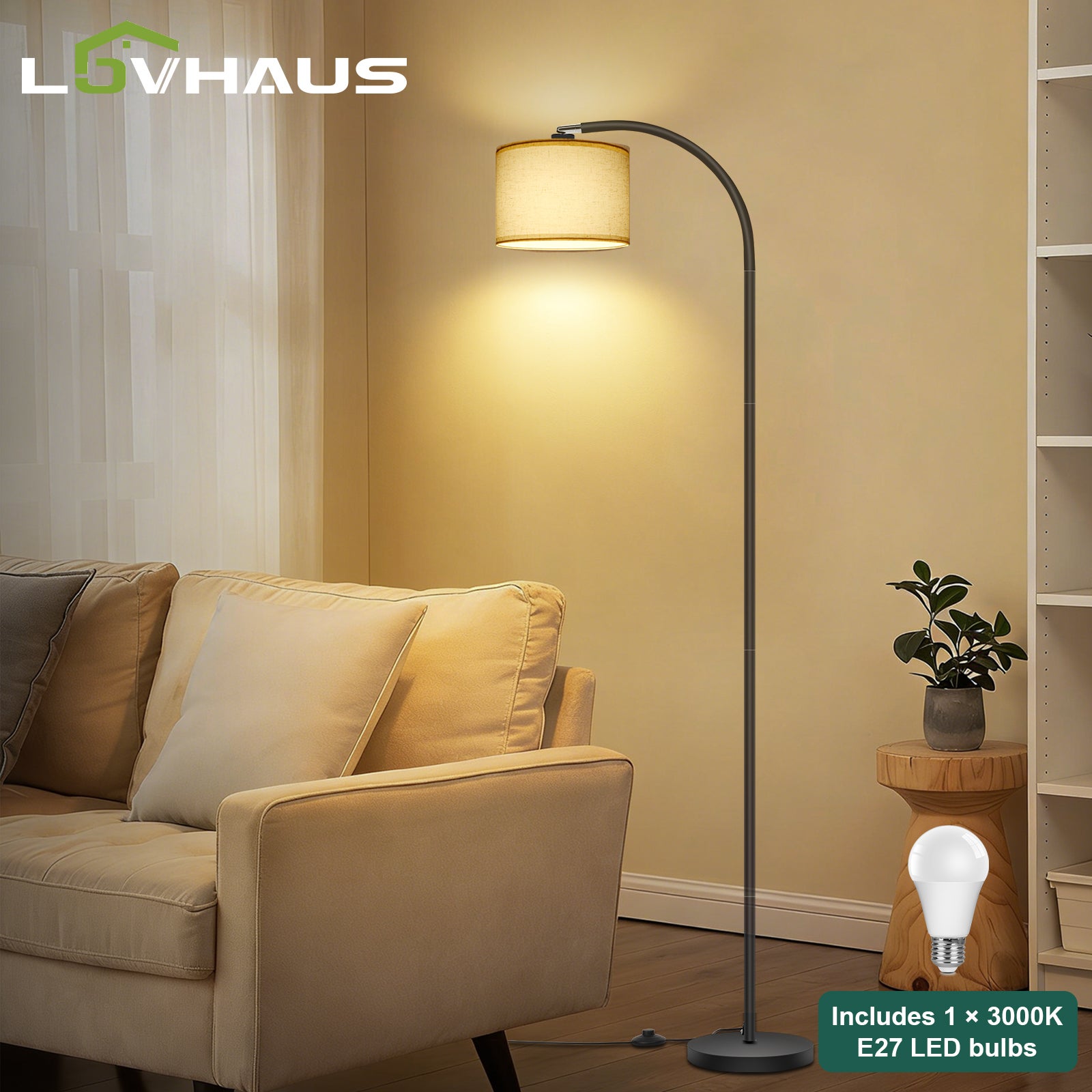 Lampa podłogowa LED łukowa czarna 170 cm, lampa do czytania, 12W, 1400 lm, 3000K, ciepłe światło, abażur z tkaniny, styl vintage, metal, E27, LOVHAUS