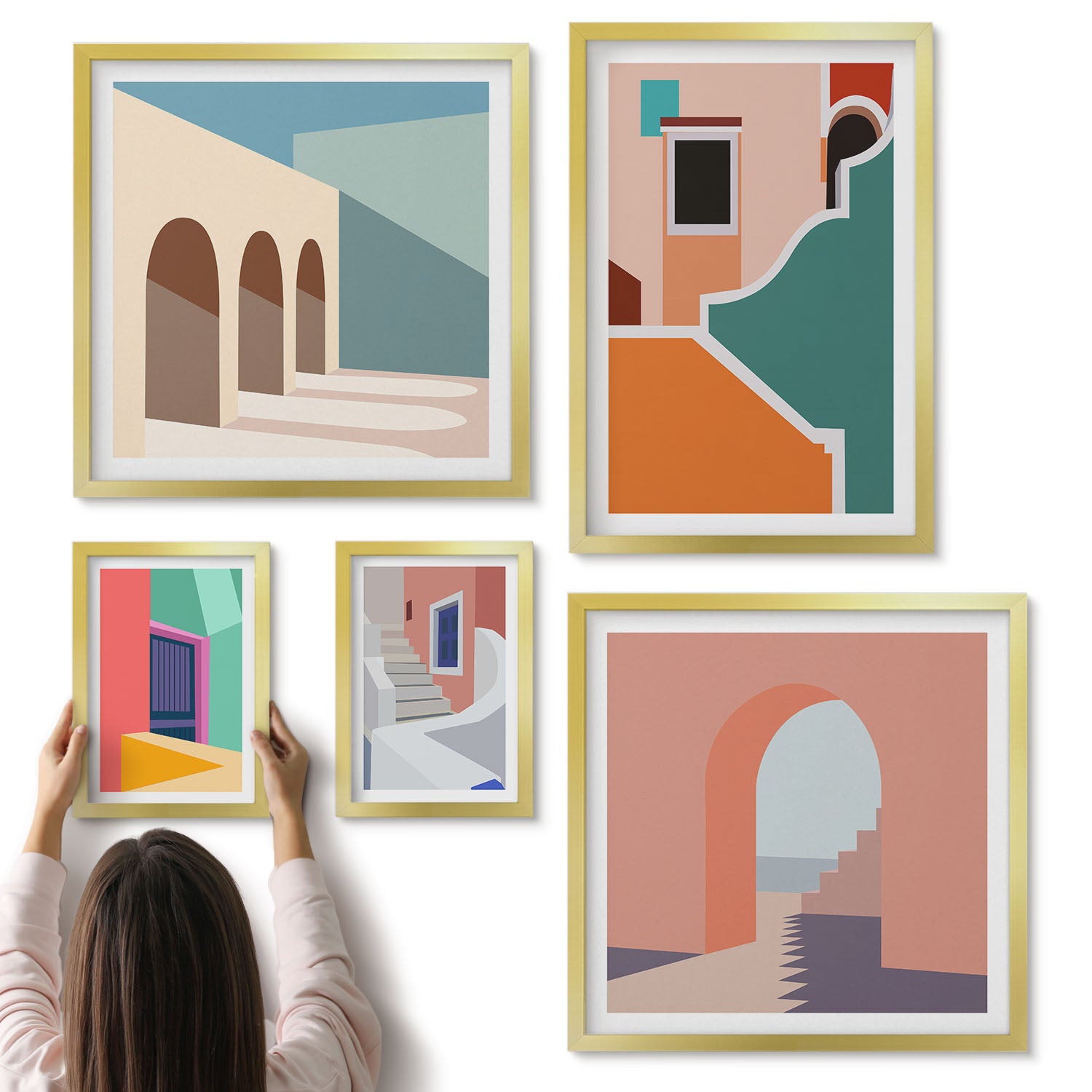 Galeria ścienna 5-częściowy komplet obrazów w złotych ramach - Kolorowe ilustracje budynków w stylu nowoczesnym - ArtPrintCave