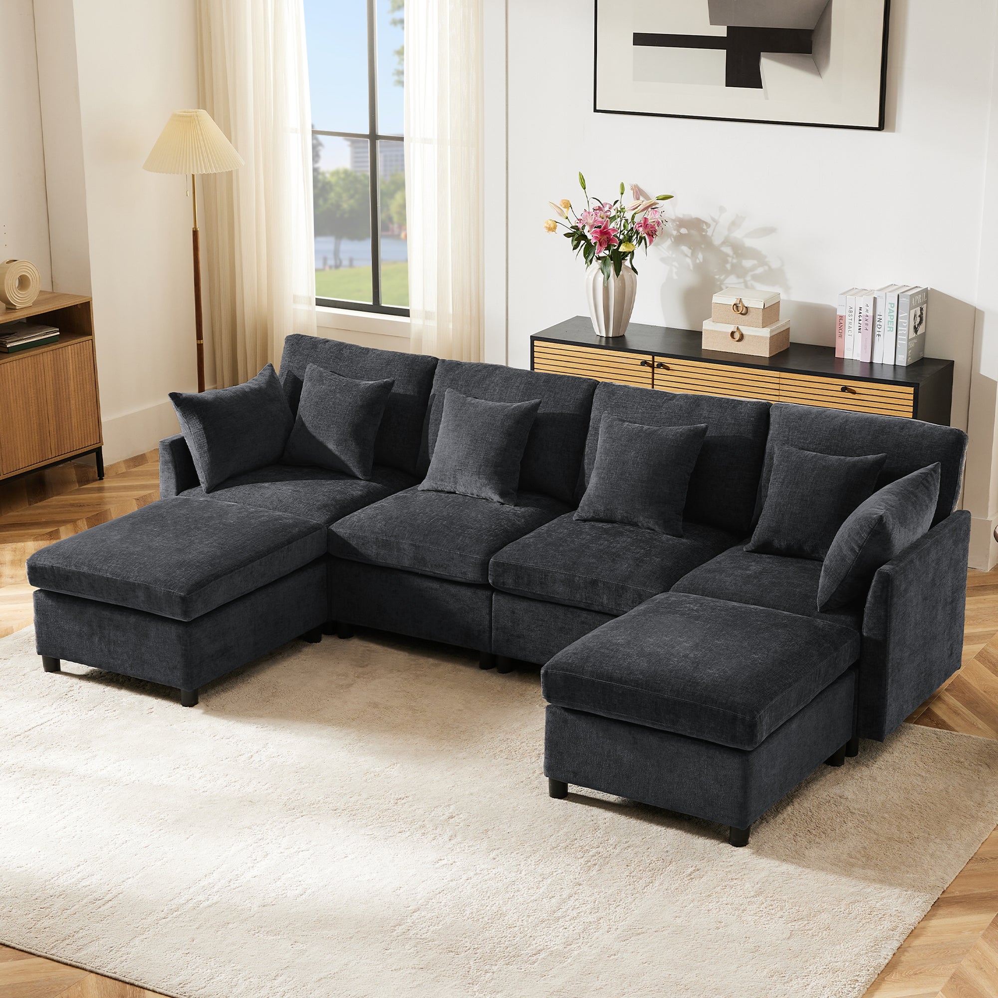 Nowoczesna 4-osobowa sofa narożna z podnóżkiem - 278 x 161 x 81 cm - tkanina szenilowa - szara