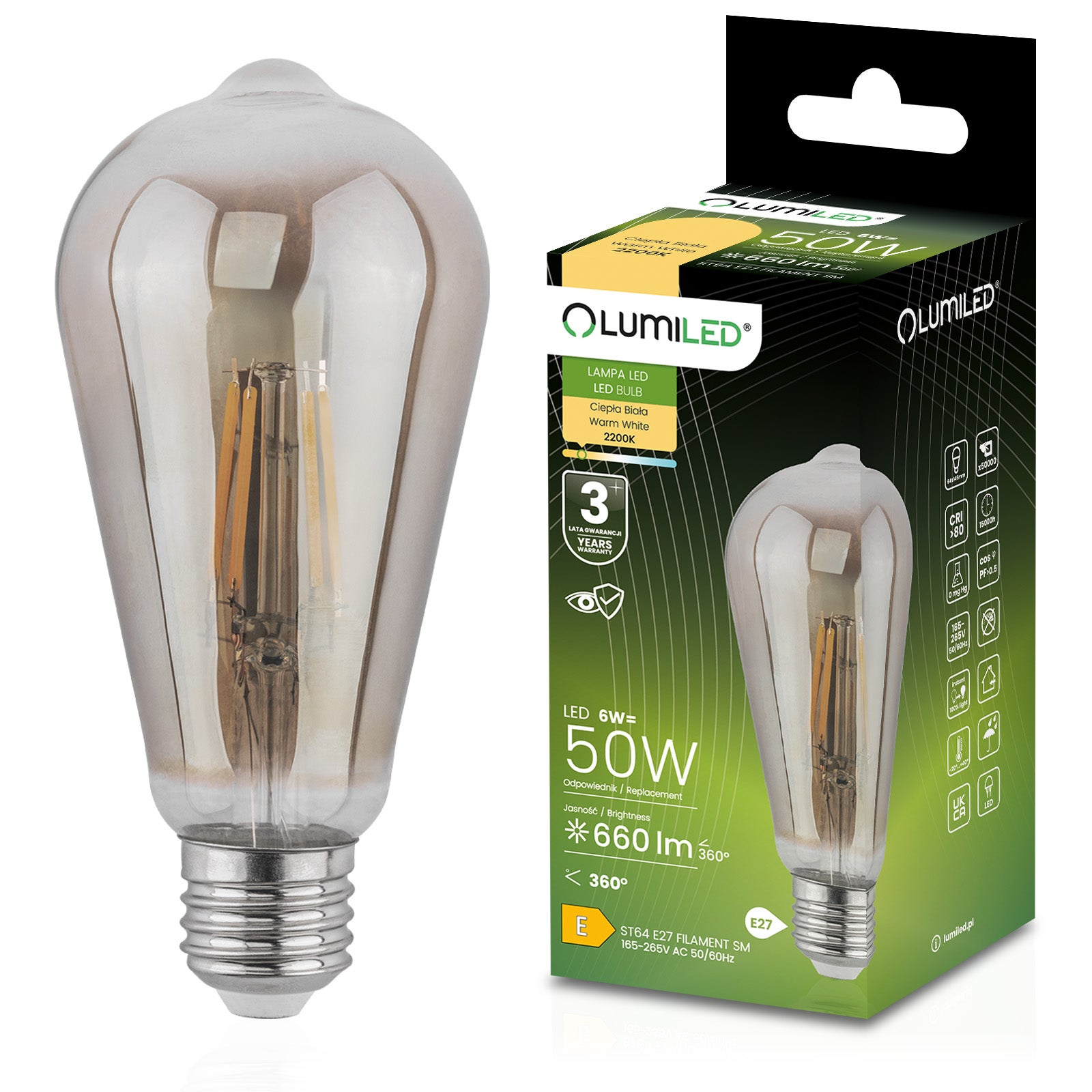 Żarówka LED Lumiled E27 Edison ST64 6W 660lm 2200K Ciepła biel 360st Dymiona Filament 1 szt.