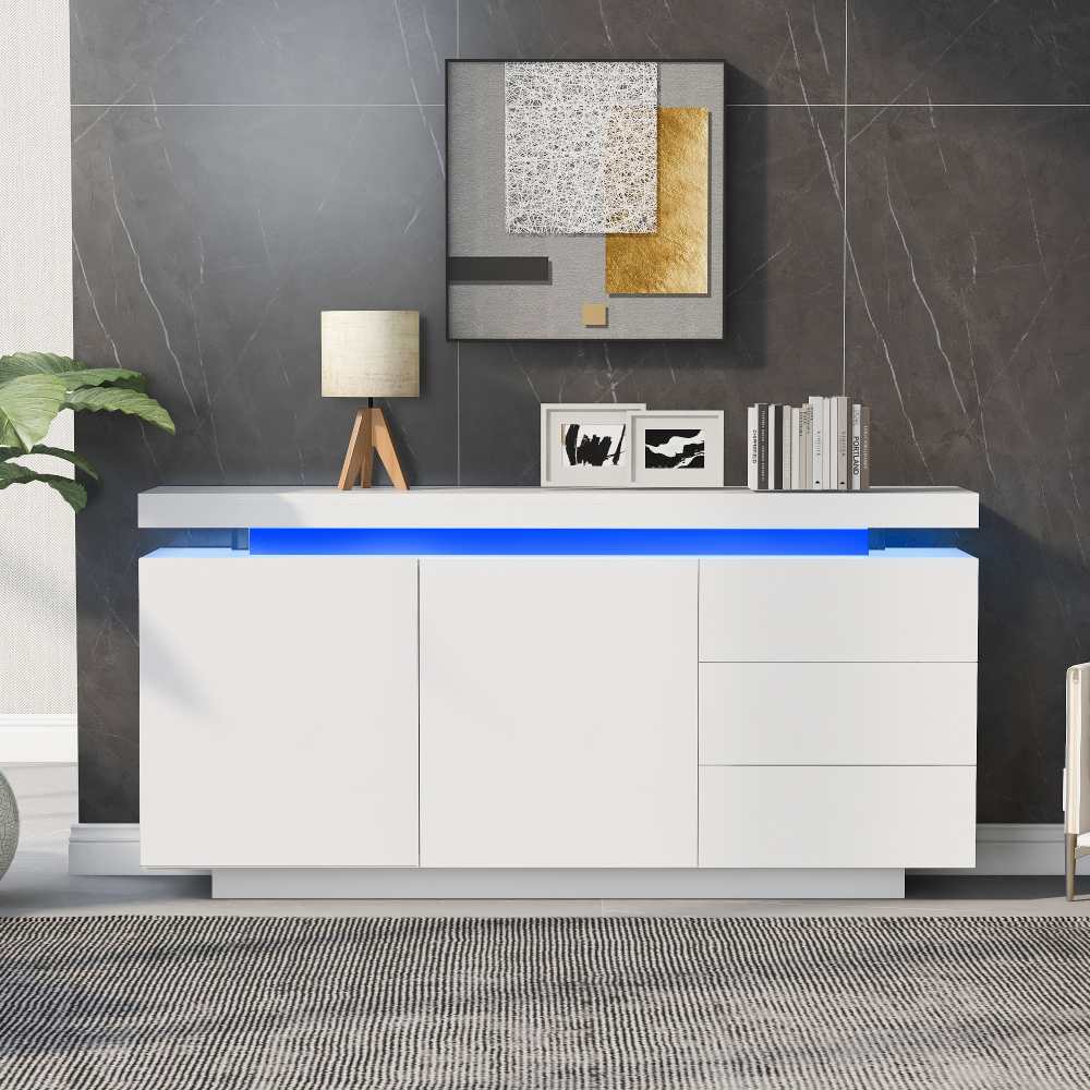 Nowoczesna komoda LED z 2 drzwiami i 3 szufladami, bezuchwytowa jednostka do przechowywania wykonana z trwałych paneli, 140x35x72,5 cm