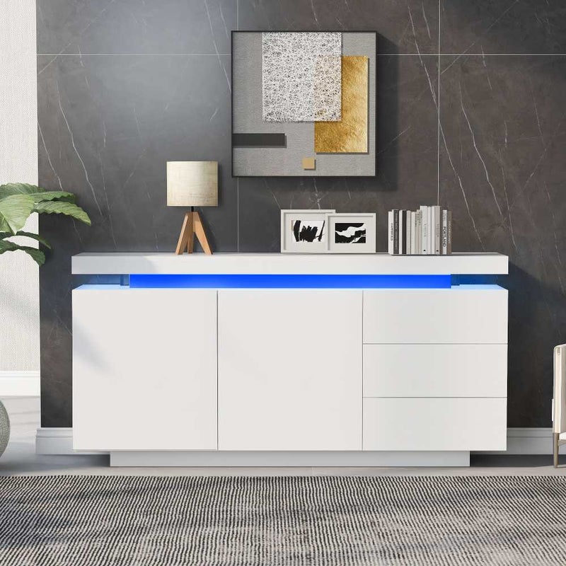 Nowoczesna komoda LED z 2 drzwiami i 3 szufladami, bezuchwytowa jednostka do przechowywania wykonana z trwałych paneli, 140x35x72,5 cm
