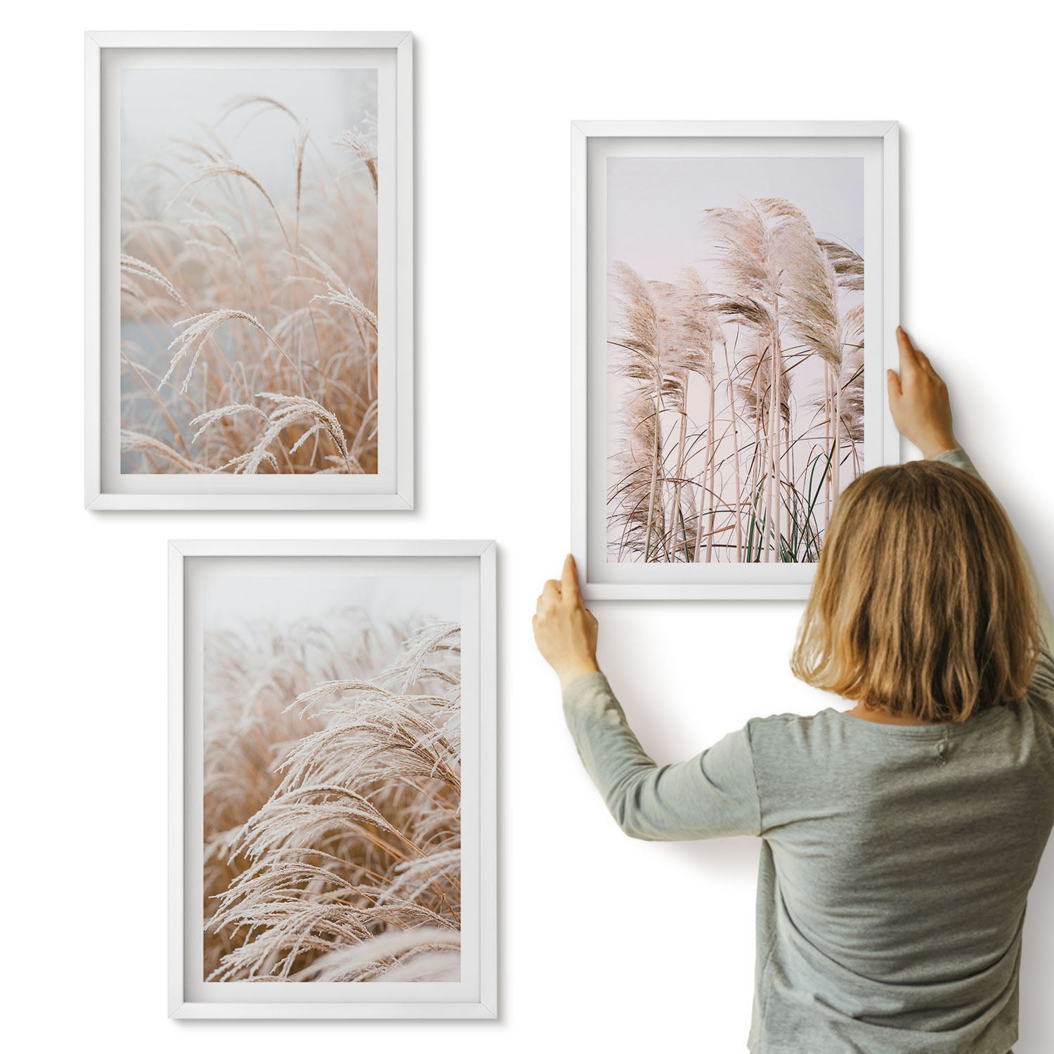 Galeria ścienna 3-częściowy komplet obrazów w białych ramach - Pola traw w delikatnych odcieniach brązu i beżu - ArtPrintCave
