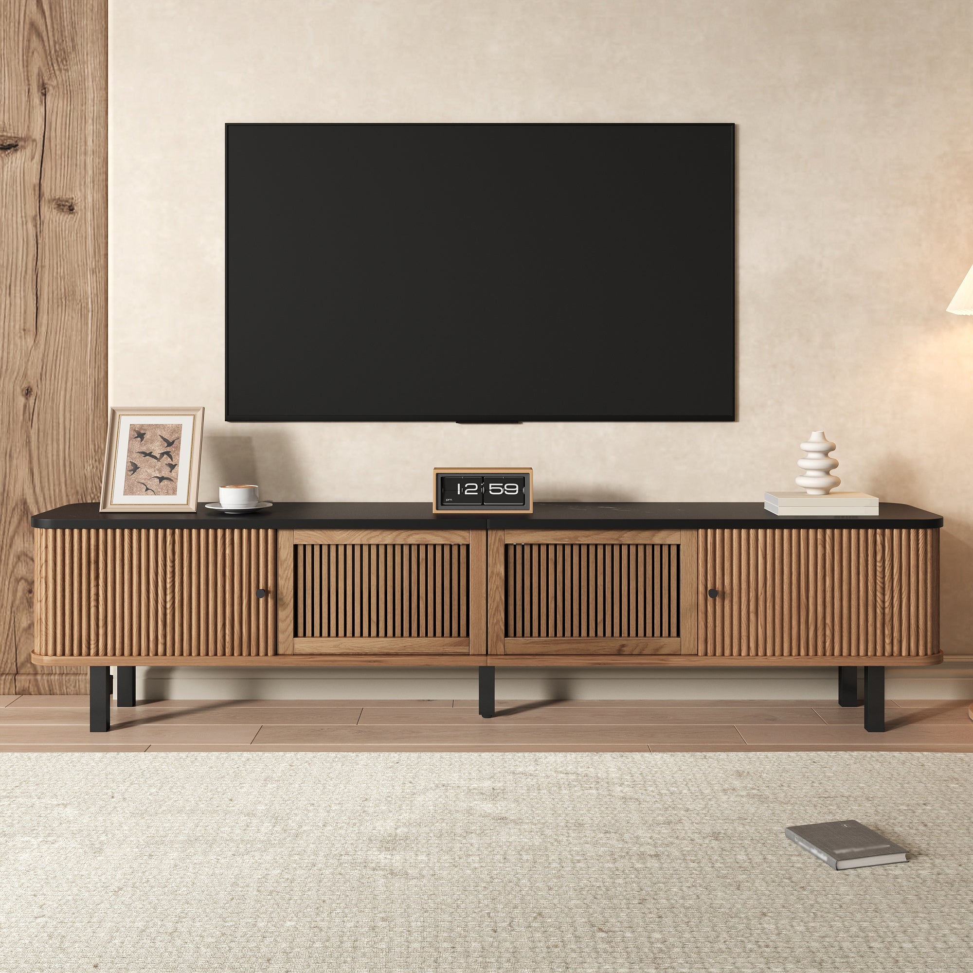 Nowoczesna szafka RTV z 2 drzwiami przesuwnymi i 2 drzwiami uchylnymi - 190 x 35 x 45 cm - Płyta wiórowa + MDF - Dąb