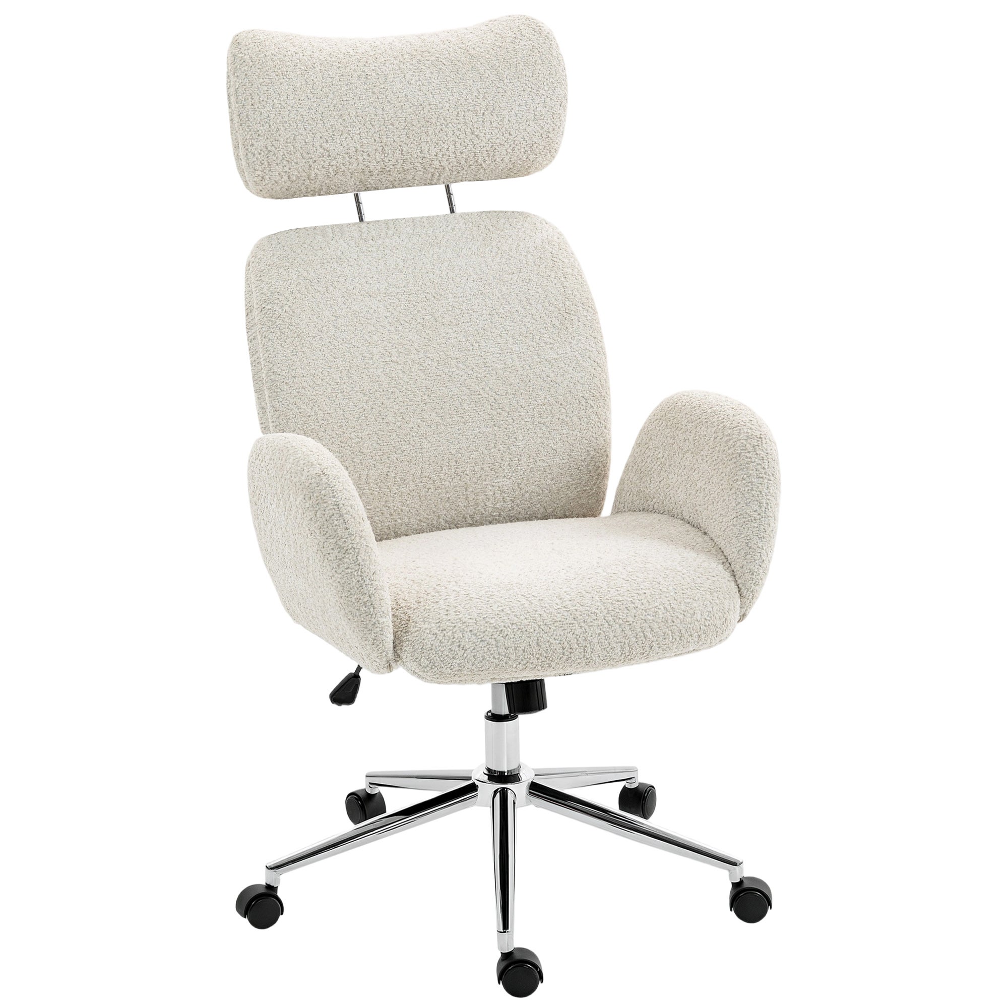 Ergonomiczny fotel biurowy z regulowanym zagłówkiem, funkcją odchylania, regulowaną wysokością, w kolorze szaro-białym.