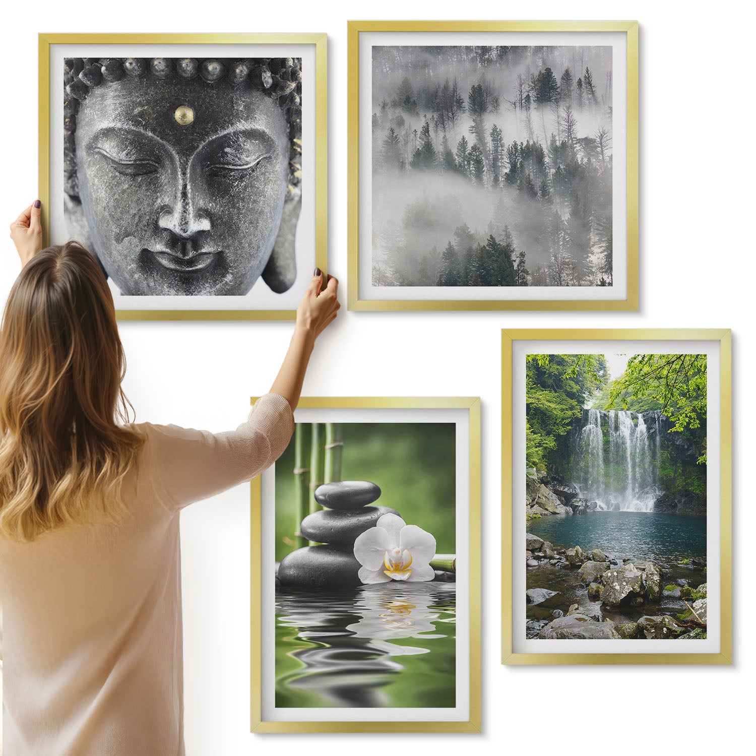 Galeria ścienna 4-częściowy komplet obrazów w złotych ramach - Harmonia natury z kamieniami wodą i Buddą - ArtPrintCave