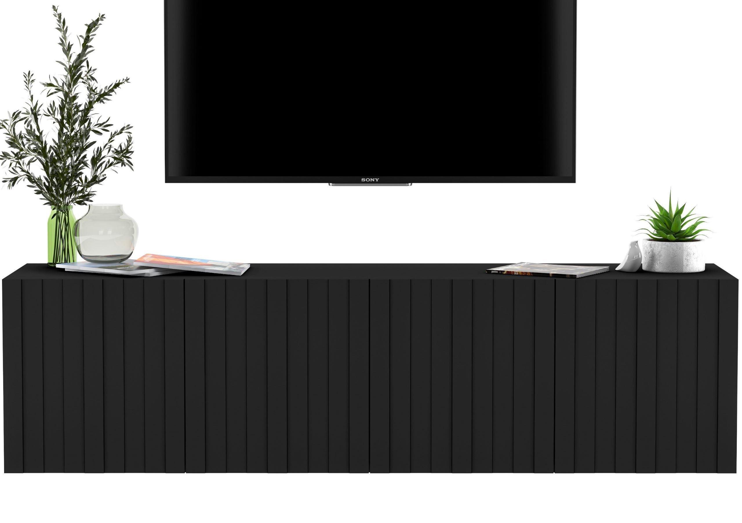 Wisząca szafka RTV Glamour 150 cm czarny mat, komoda pod telewizor z ryflowanymi frontami
