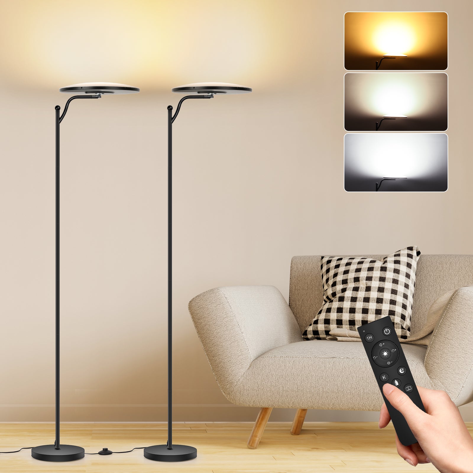 LOVHAUS Zestaw 2 lamp podłogowych do salonu 32 W, ściemnialna lampa podłogowa z pilotem 2700 K-6500 K, ściemnialna lampa podłogowa LED