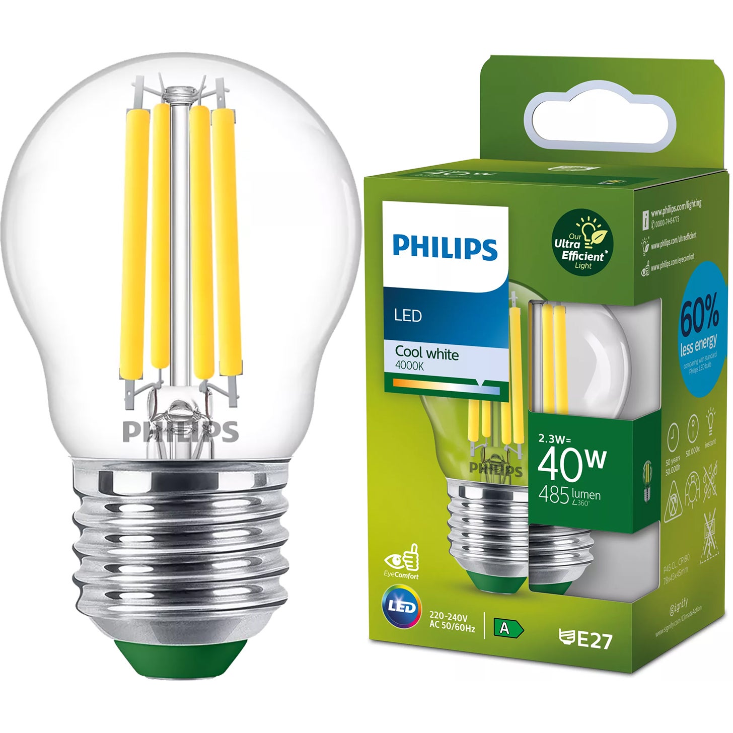 Żarówka LED Philips E27 P45 2.3W 485lm 4000K 300st Klasa A UltraEfficient