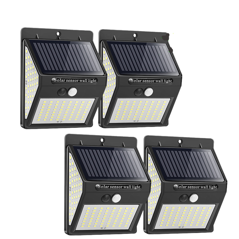 Zestaw 4 wodoodpornych, zewnętrznych lamp solarnych ściennych z czujnikiem ruchu P65 144 LED do ogrodu
