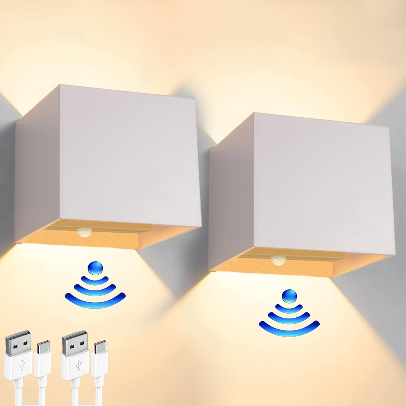 Zestaw 2 ładowalnych lamp ściennych z czujnikiem ruchu, bezprzewodowe magnetyczne, regulowany kąt wiązki światła, 2 tryby oświetlenia, 4 000 mAh