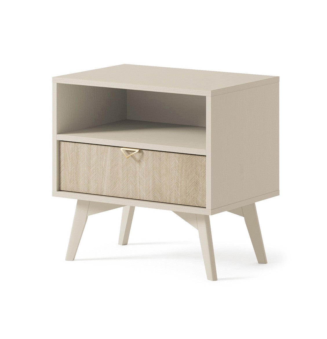 Szafka nocna FIRR 54 cm – Beż piaskowy + Jodełka Scandi, 1 szuflada, złoty uchwyt