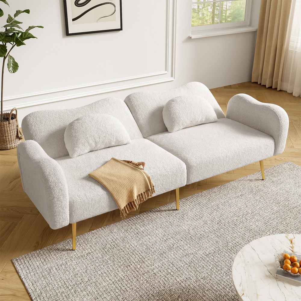 Nowoczesna sofa 2-osobowa z funkcją spania, regulowanym oparciem, złotymi metalowymi nogami i zintegrowaną funkcją łóżka wielofunkcyjnego 2 w 1