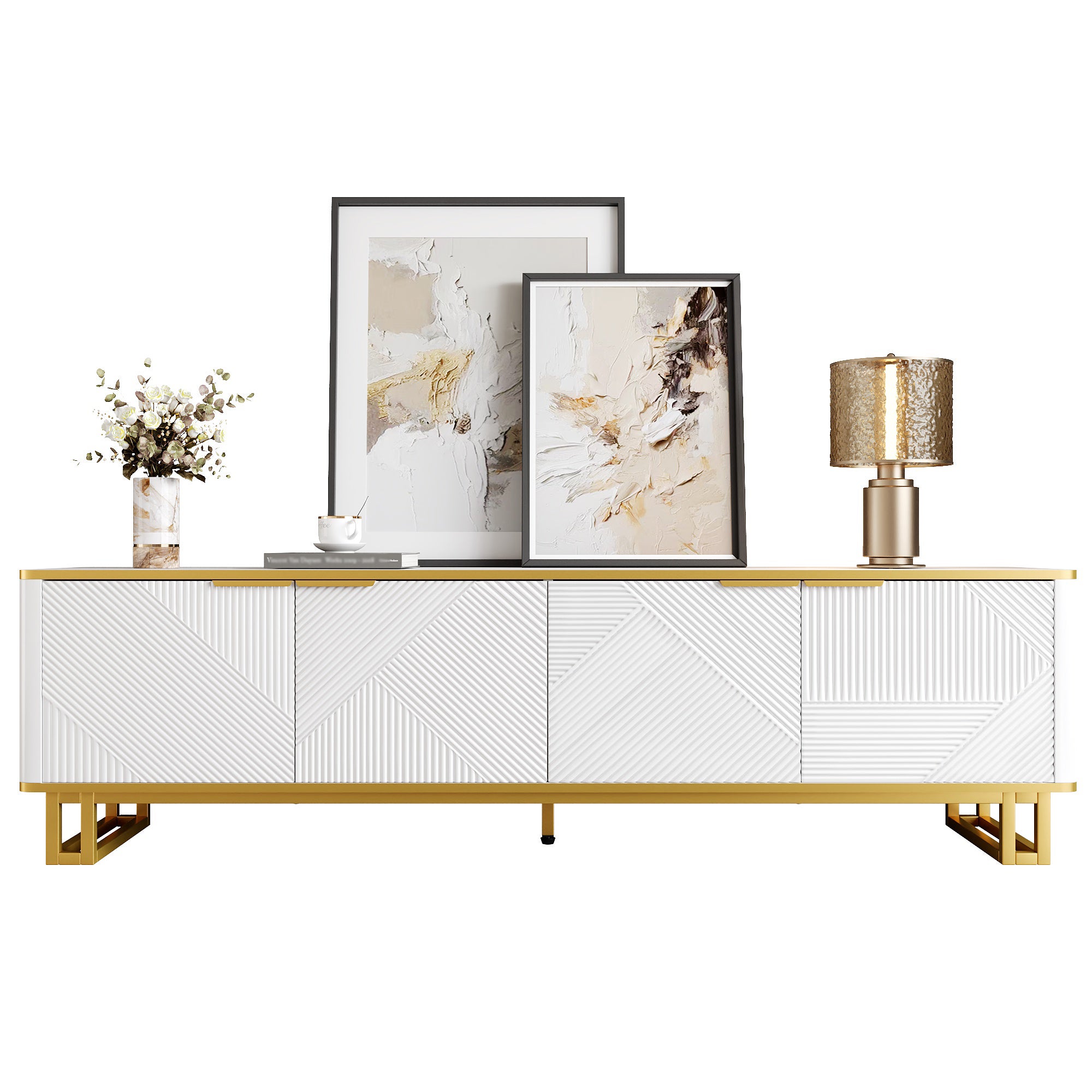 TV-Schrank z czterema drzwiami - geometryczny design biało-złoty - 160x37,5x48 cm