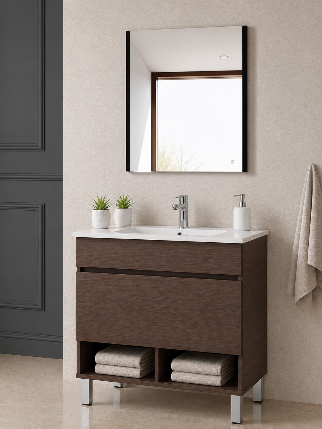 Szafka łazienkowa na nóżkach z umywalką ORIGENBATH NEBARI na nóżkach z szufladą 120x45 cm 1 umywalka jesion tea