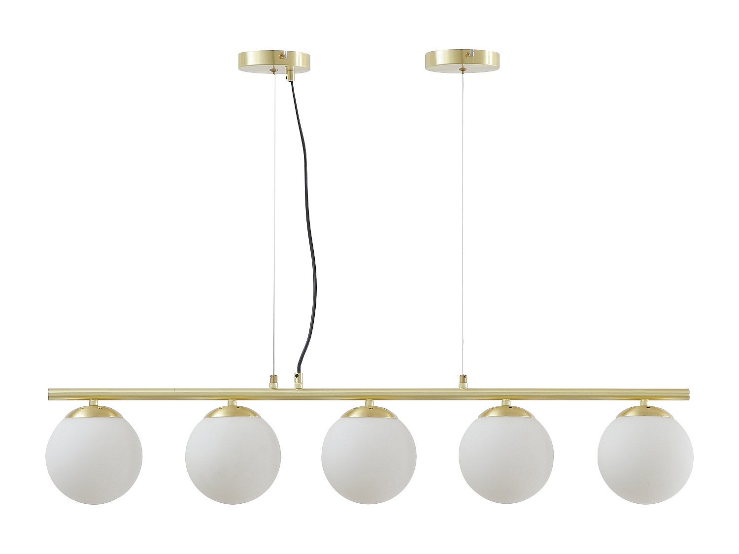 Żyrandol, metalowo-szklany z białymi kloszami - 5 kulistych kloszy - dł. 100 x wys. 120 cm - Złocony - SOFIA