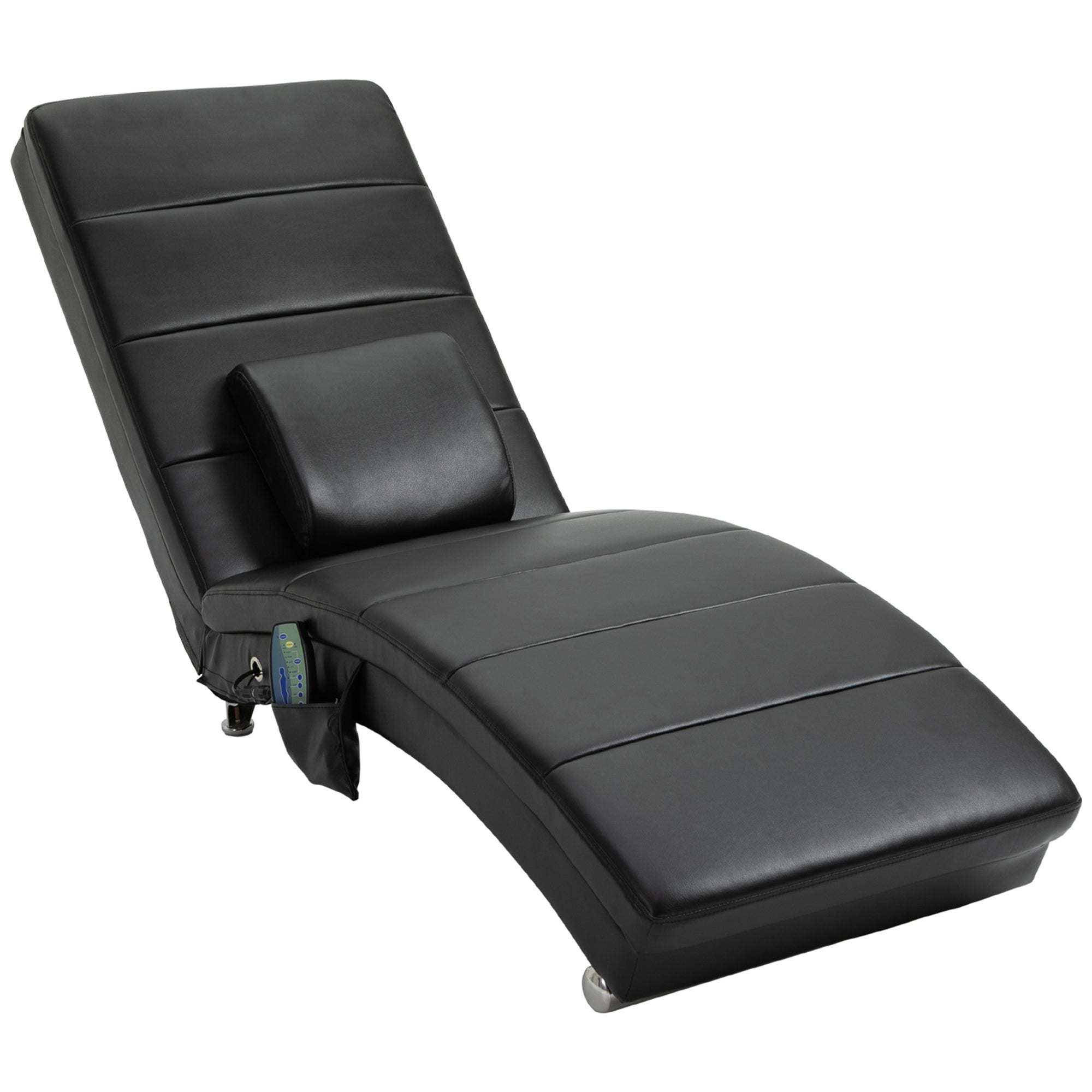 Fotel relaksacyjny skórzany z funkcją masażu, 58 x 163 x 87 cm, do 120 kg, 8 punktów masażu, z pilotem, poduszka z wysokim oparciem, czarny