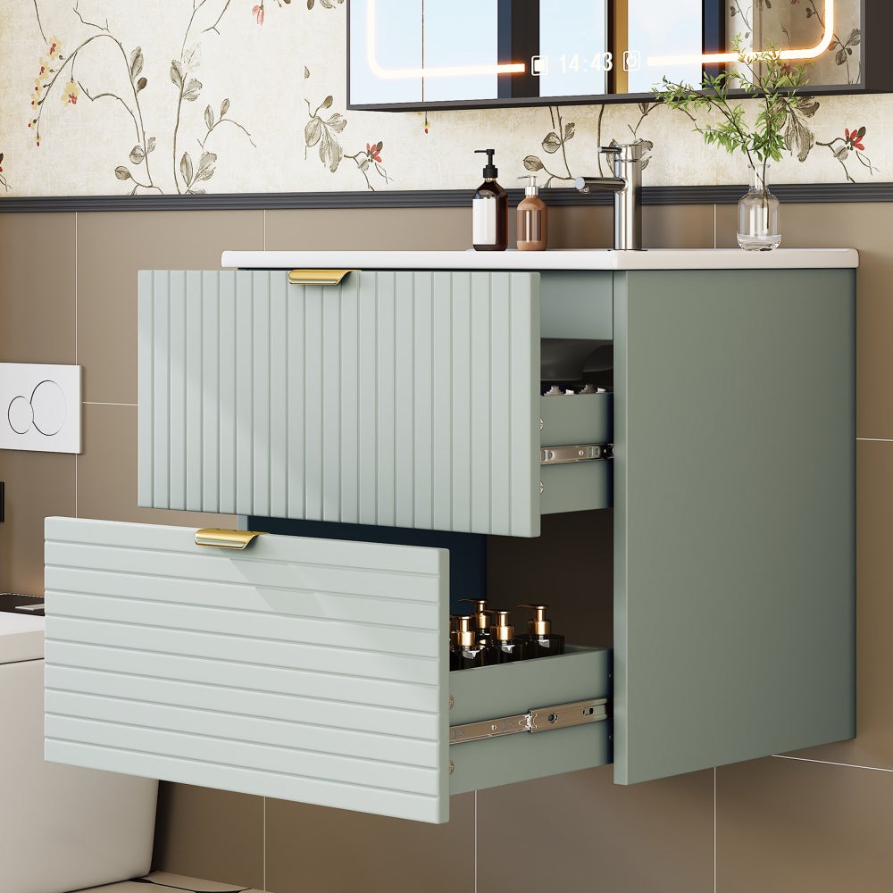 Wisząca szafka pod umywalkę z MDF, 2 szuflady Soft Close i zintegrowana umywalka ceramiczna